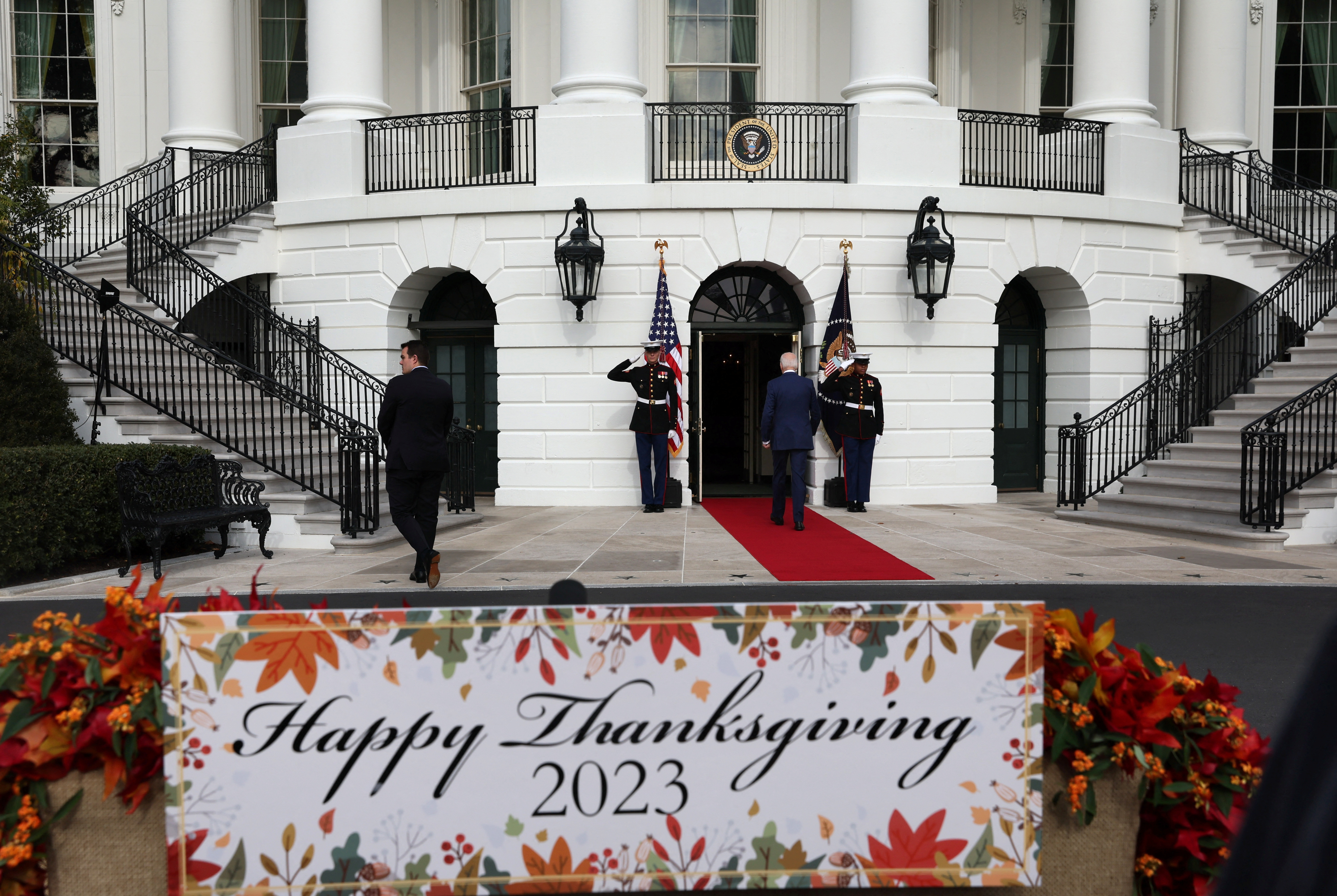 U.S. President Joe Biden leaves after taking part in the annual ceremony of pardoning the National Thanksgiving Turkeys on the South Lawn at the White House in Washington, U.S., November 20, 2023. 