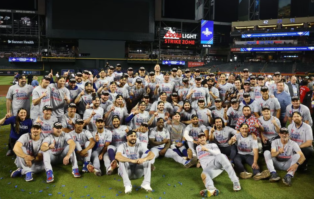 The Texas Rangers pose for team photo after winning the 2023 World Series in five games against the Arizona Diamondbacks at Chase Field in Phoenix, Arizona, Nov. 1, 2023.
