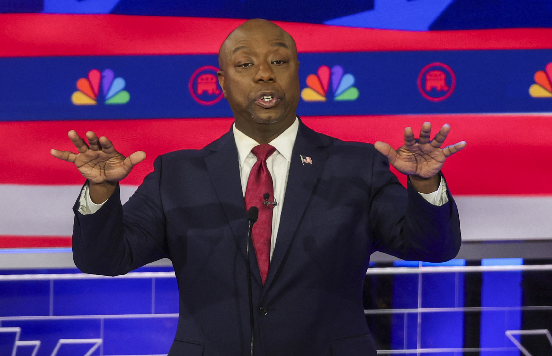 U.S. Senator Tim Scott (R-SC) speaks at the third Republican candidates' U.S. presidential debate of the 2024 U.S. presidential campaign hosted by NBC News at the Adrienne Arsht Center for the Performing Arts in Miami, Florida, U.S., November 8, 2023. 