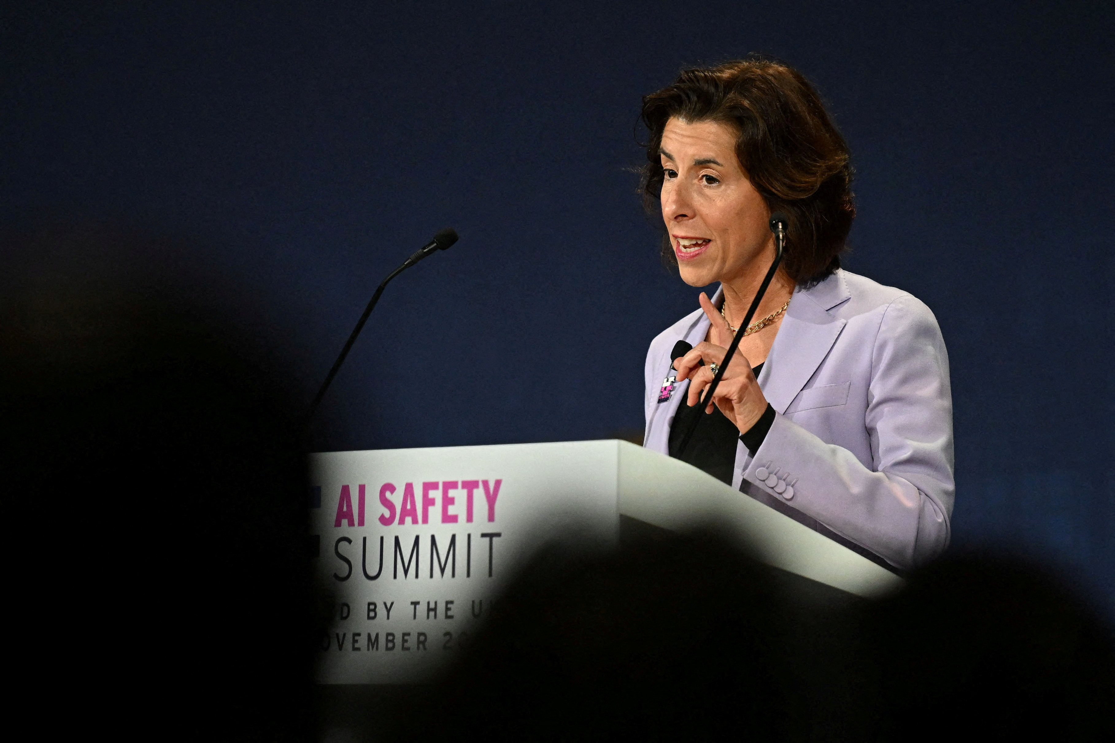 U.S. Commerce Secretary Gina Raimondo speaks on Day 1 of the AI Safety Summit at Bletchley Park in Bletchley, Britain on November 1, 2023.