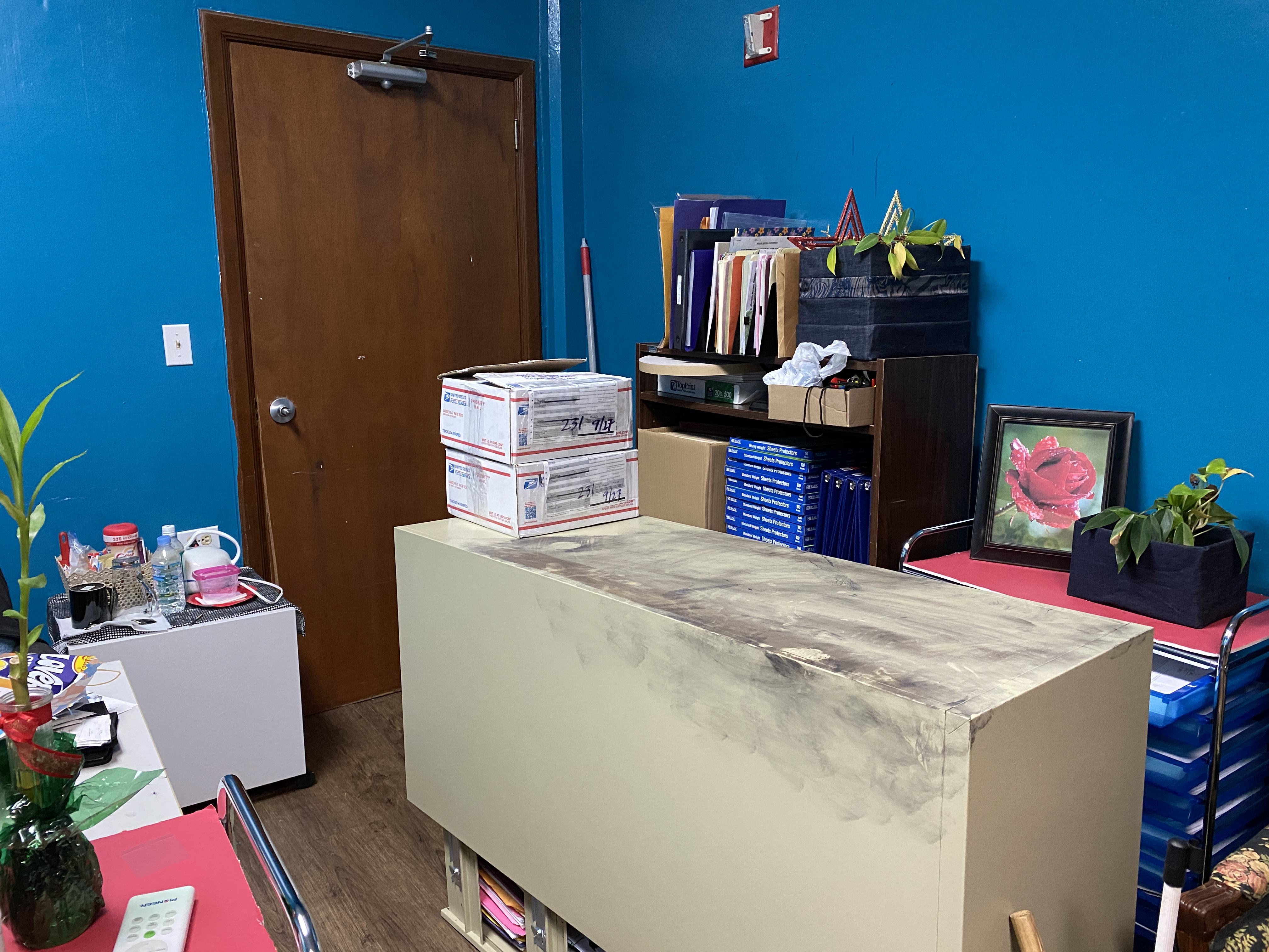 This office is relatively organized now, but when Center on Aging staff found it Monday morning it was in disarray. The door in the background is normally locked and barricaded with a cabinet, which can be seen lying in the foreground. 