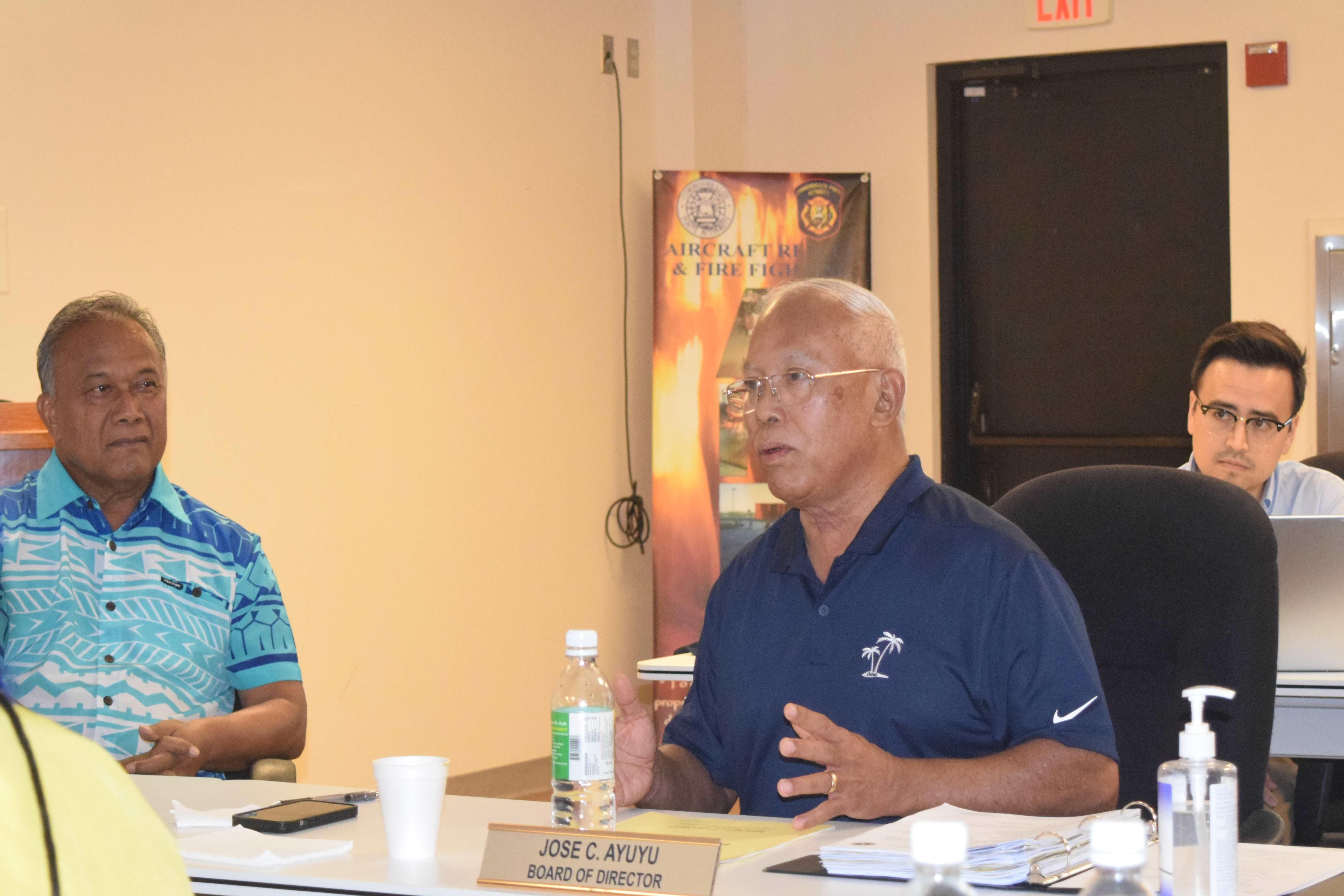 The Commonwealth Ports Authority’s new board chairman, Jose C. Ayuyu, center, speaks as vice chairman Ramon A. Tebuteb, left, and CPA staff attorney Joseph M. Hallahan listen during a special board meeting on Tuesday in the Aircraft Rescue and Firefighting classroom at the Francisco C Ada/Saipan International Airport.