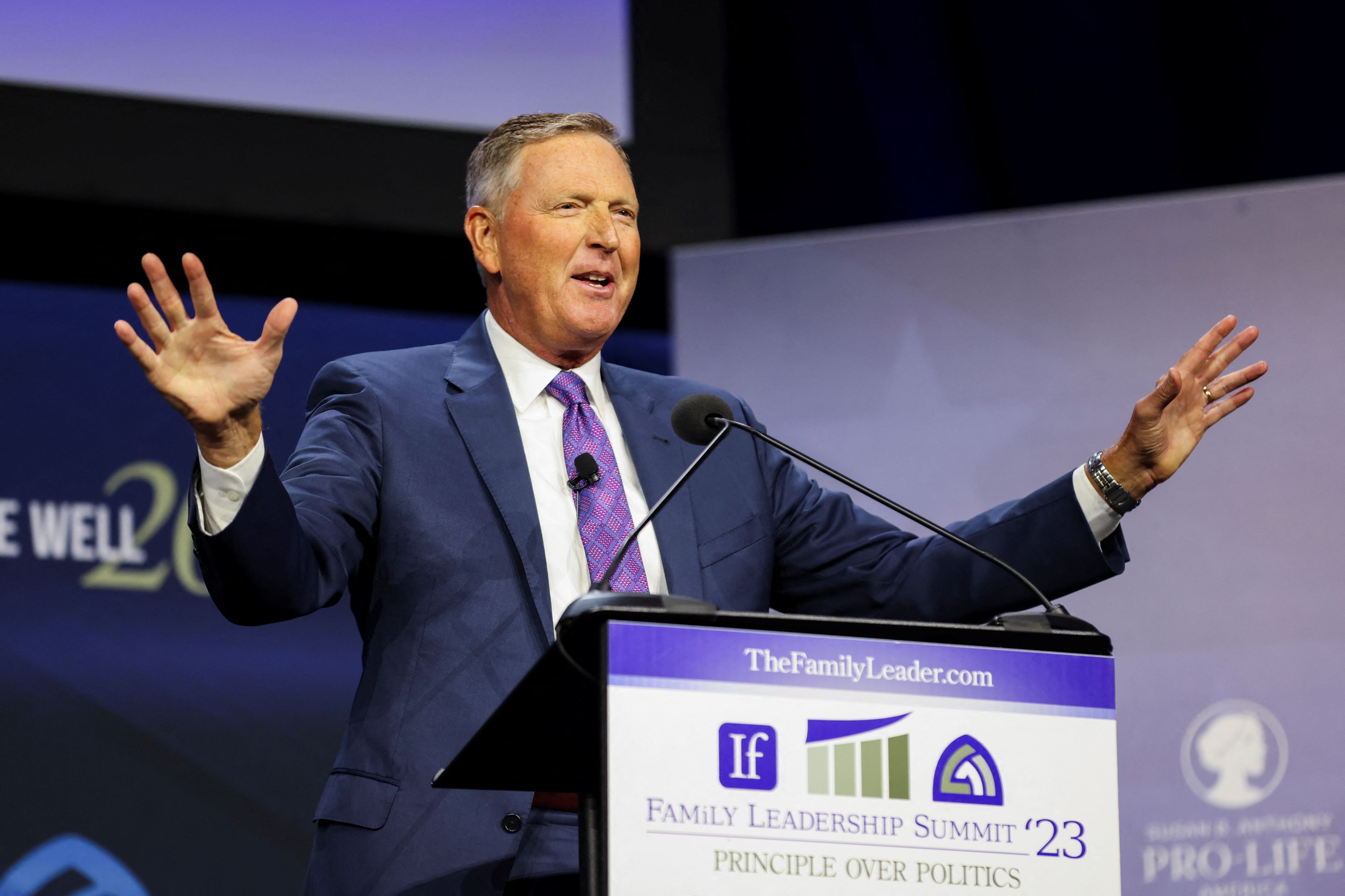 Bob Vander Plaats, President and CEO of The Family Leader, speaks during the Family Leadership Summit at the Iowa Events Center in Des Moines, Iowa, U.S., July 14, 2023. 