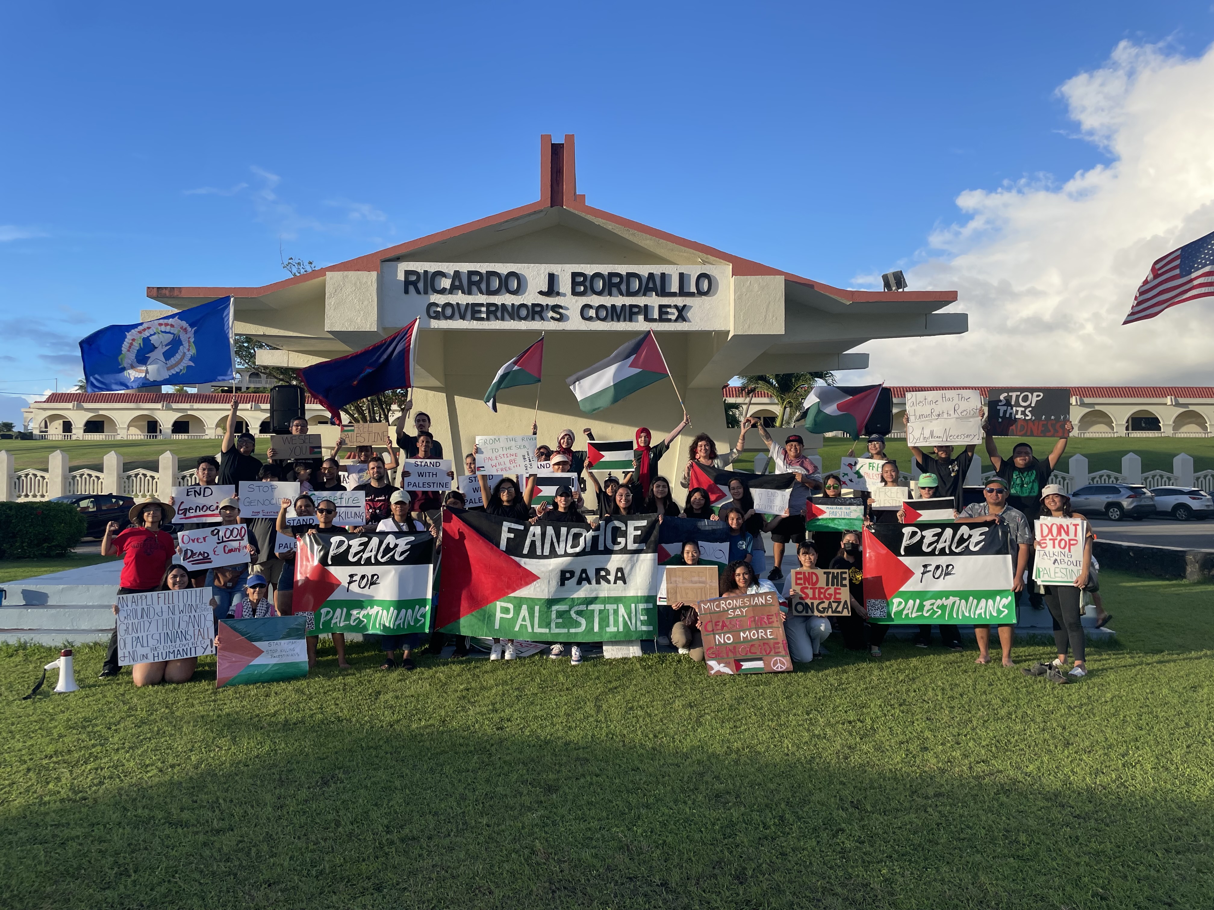 Marianas for Palestine activists hold a protest action at the Governor's Complex at Adelup, Guam on Nov. 5, 2023.