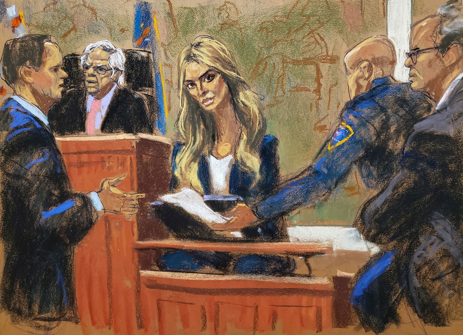 Ivanka Trump is shown multiple exhibits on the witness stand by Louis Solomon of the New York attorney general's office as defense lawyer Christopher Kise objects during the Trump Organization civil fraud trial before Judge Arthur Engoron in New York State Supreme Court in the Manhattan borough of New York City, U.S., November 8, 2023 in this courtroom sketch. 