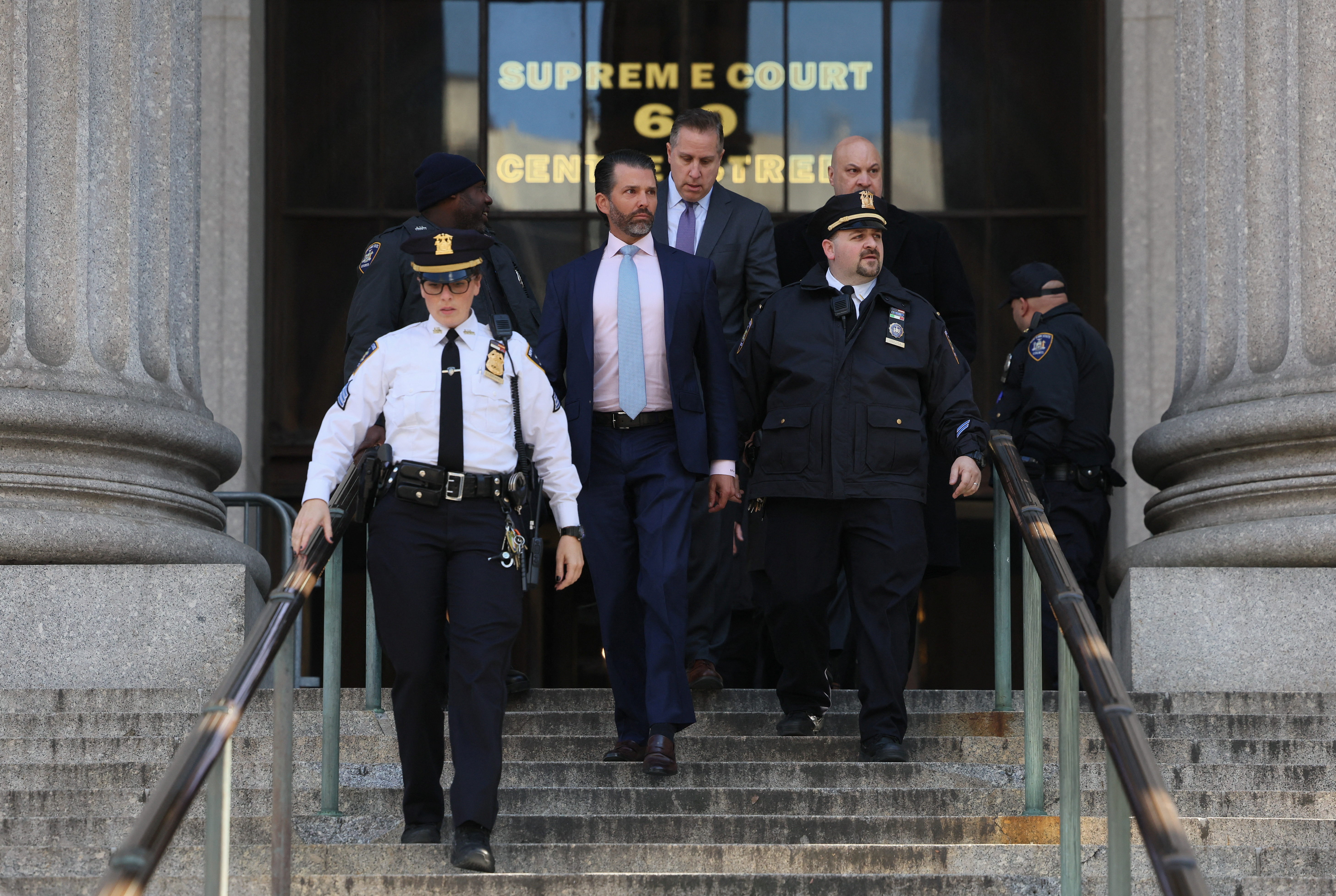 Former U.S. President Donald Trump's son and co-defendant Donald Trump Jr. leaves after attending the Trump Organization civil fraud trial, in New York State Supreme Court in the Manhattan borough of New York City, U.S., November 2, 2023. 