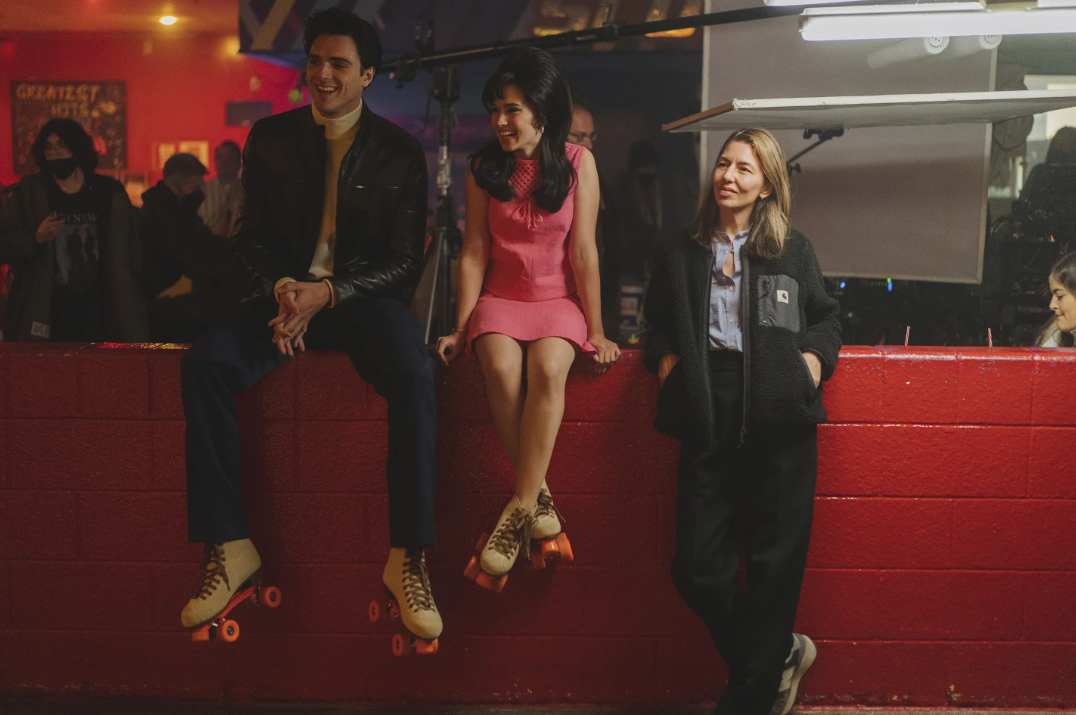 Jacob Elordi, from left, Cailee Spaeny and Sofia Coppola on the set of “Priscilla.”