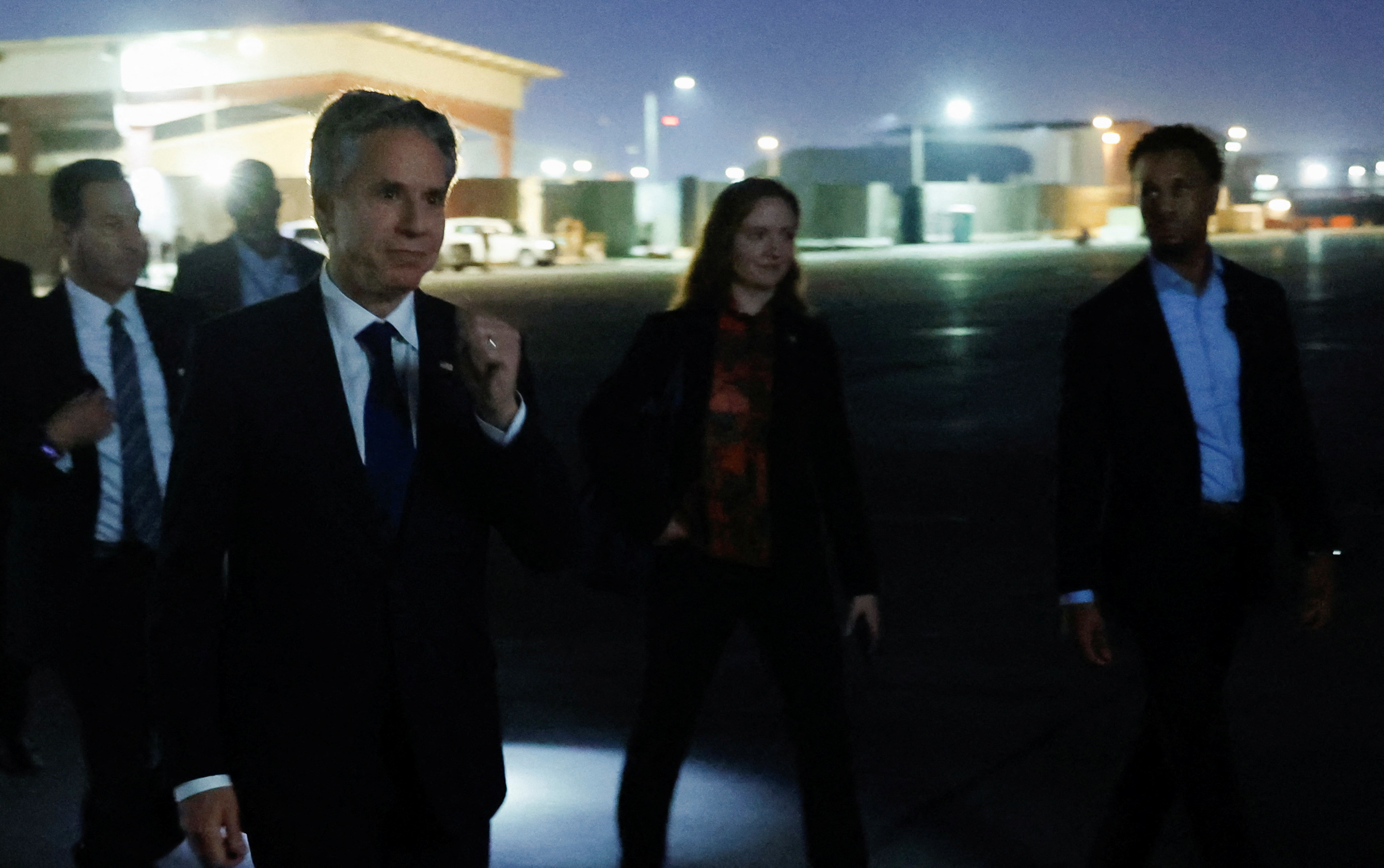 U.S. Secretary of State Antony Blinken walks to board his military transport aircraft to depart Baghdad International Airport after meeting Iraqi Prime Minister Mohammed Shia' Al Sudani, amid the ongoing conflict between Israel and the Palestinian Islamist group Hamas, in Baghdad, Iraq, November 5, 2023. 