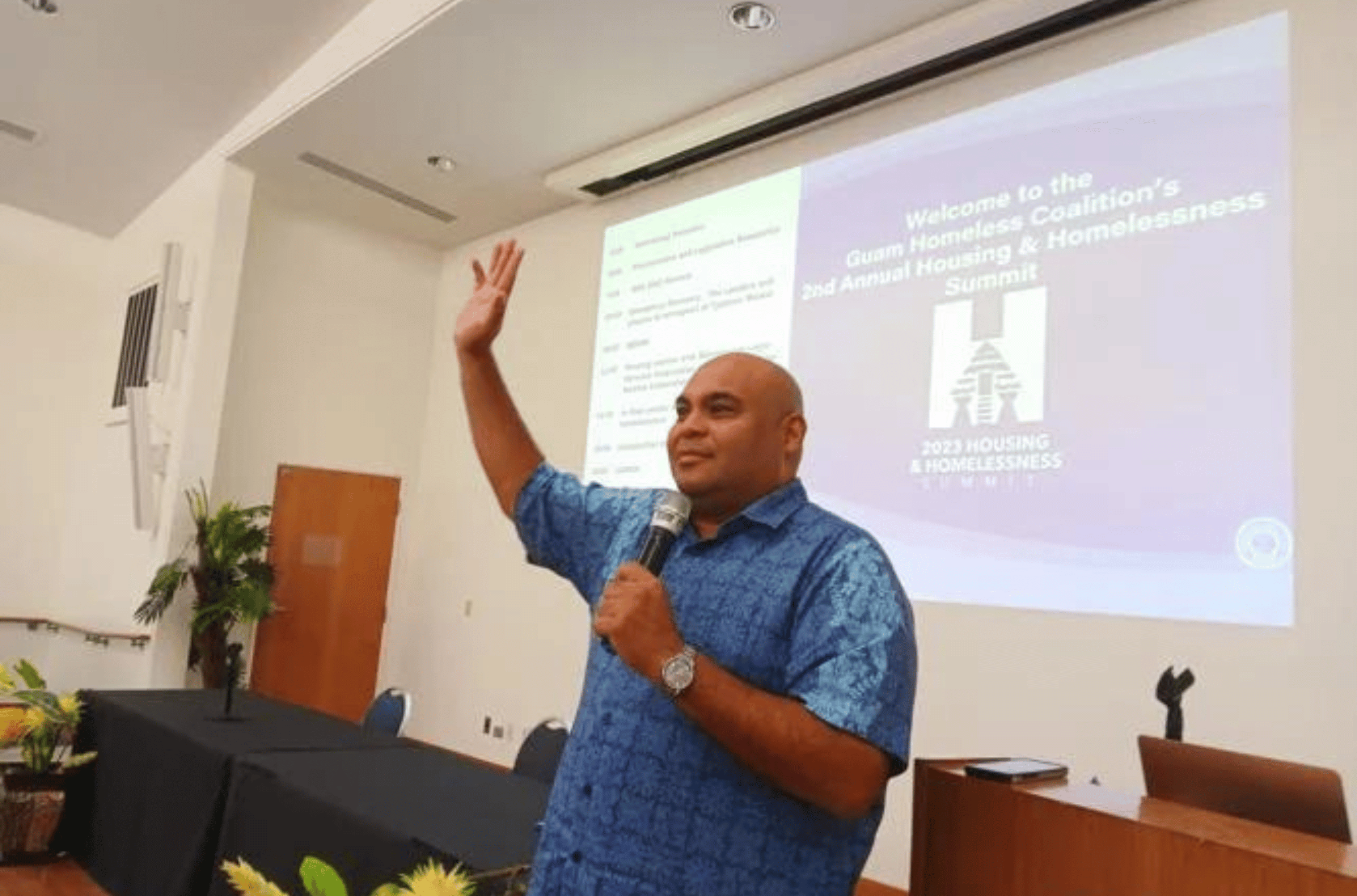 Acting Gov. Josh Tenorio speaks to attendees at the 2nd Annual Housing and Homelessness Summit held Friday, Nov. 17, 2023, at the University of Guam in Mangilao. 