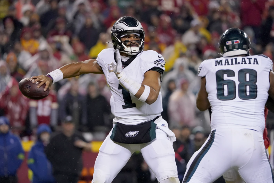 Philadelphia Eagles quarterback Jalen Hurts throws during the first half of an NFL game against the Kansas City Chiefs, Monday, Nov. 20, 2023 in Kansas City, Mo.
