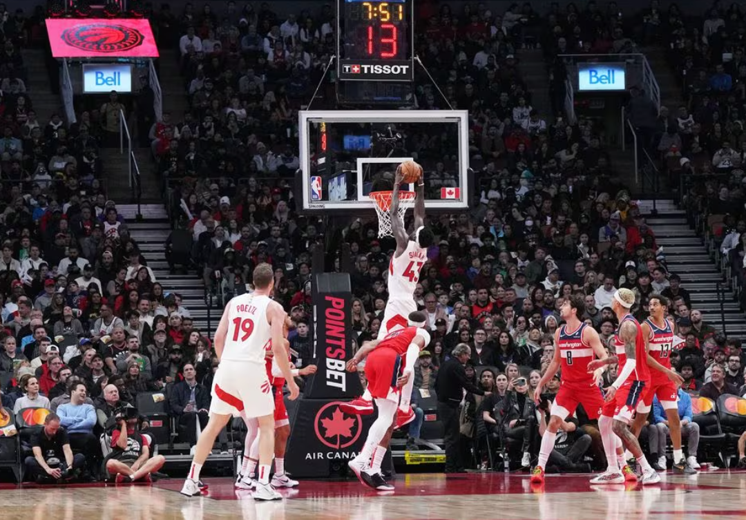Toronto Raptors forward Pascal Siakam (43) scores against the Washington Wizards during the third quarter at Scotiabank Arena in Toronto, Ontario, Canada, Nov. 13, 2023.