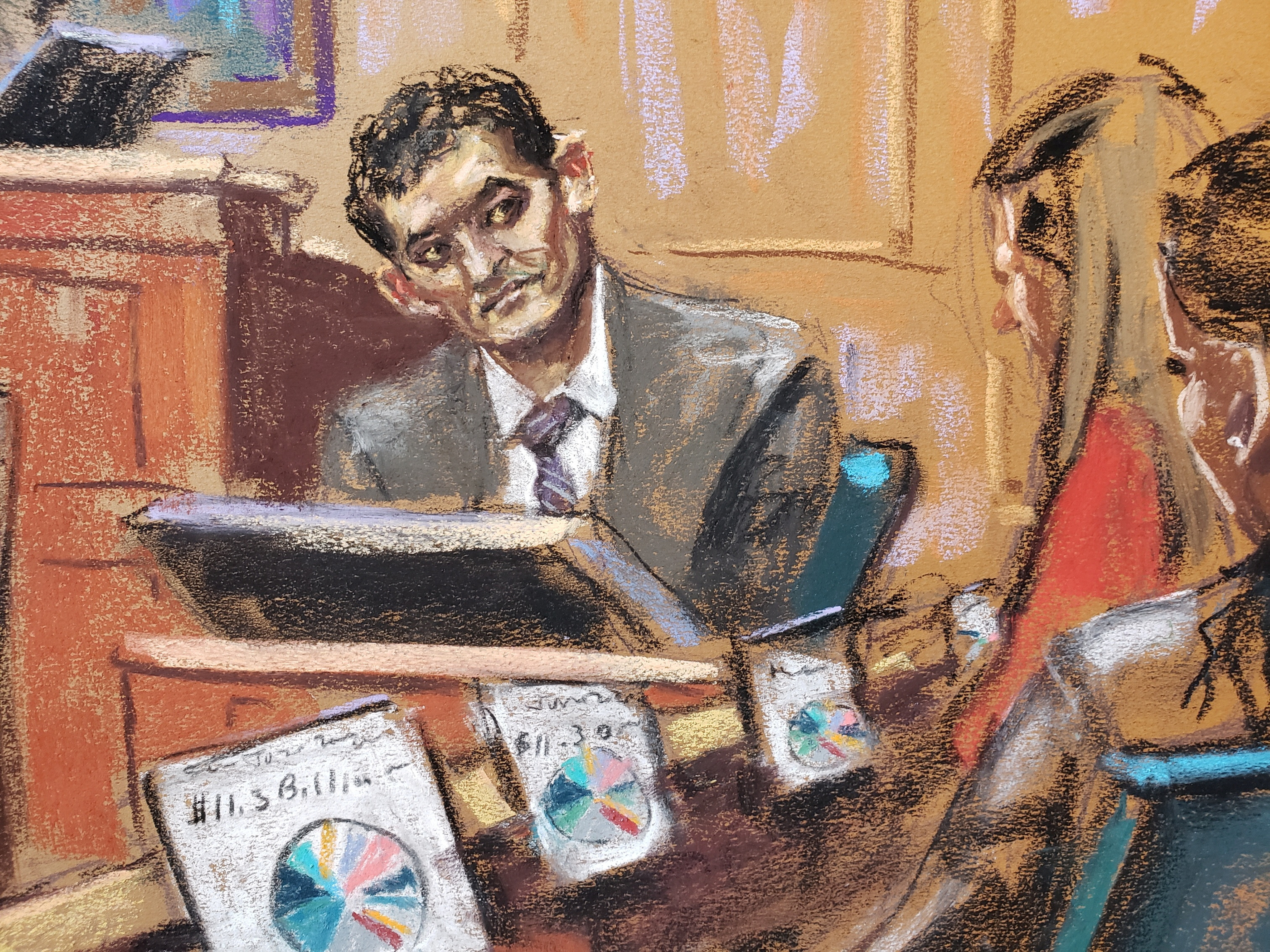 FTX founder Sam Bankman-Fried is questioned by prosecutor Danielle Sassoon (not seen) during his fraud trial over the collapse of the bankrupt cryptocurrency exchange at federal court in New York City, U.S., October 31, 2023 in this courtroom sketch. 