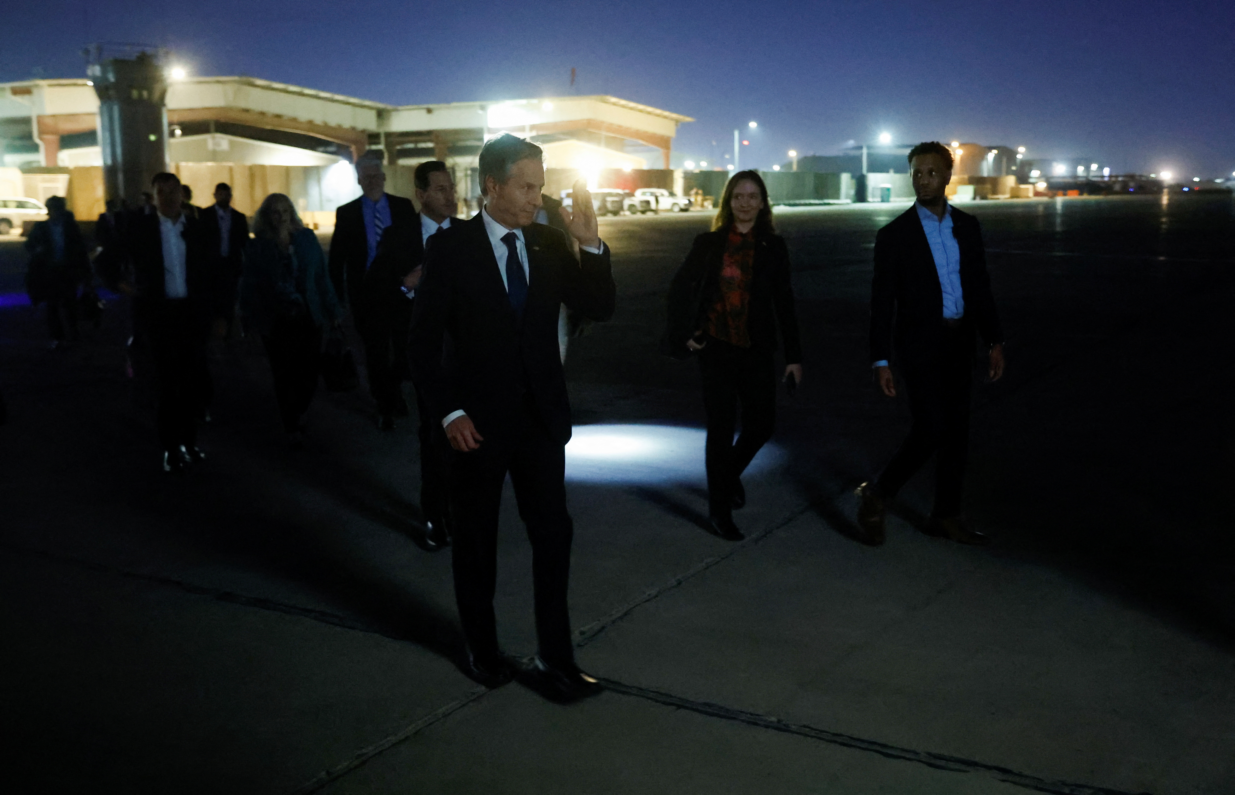 U.S. Secretary of State Antony Blinken walks to board his military transport aircraft to depart Baghdad International Airport after meeting Iraqi Prime Minister Mohammed Shia' Al Sudani, amid the ongoing conflict between Israel and the Palestinian Islamist group Hamas, in Baghdad, Iraq, November 5, 2023. 