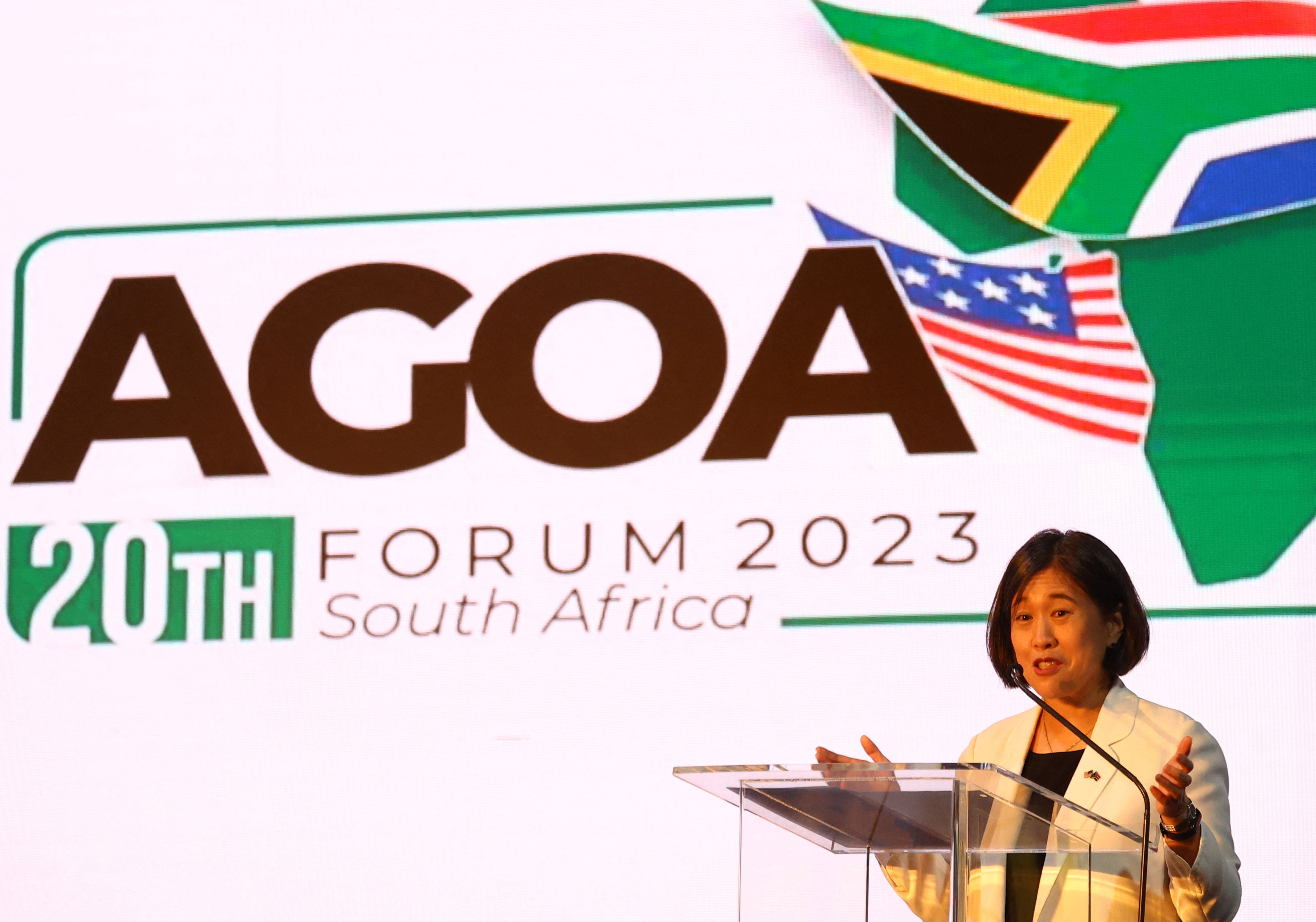 Ambassador Katherine Tai, United States Trade Representative, speaks during the opening of the U.S.-sub-Saharan Africa trade forum to discuss the future of the African Growth and Opportunity Act (AGOA), at the NASREC conference center in Johannesburg, South Africa, November 3, 2023. 