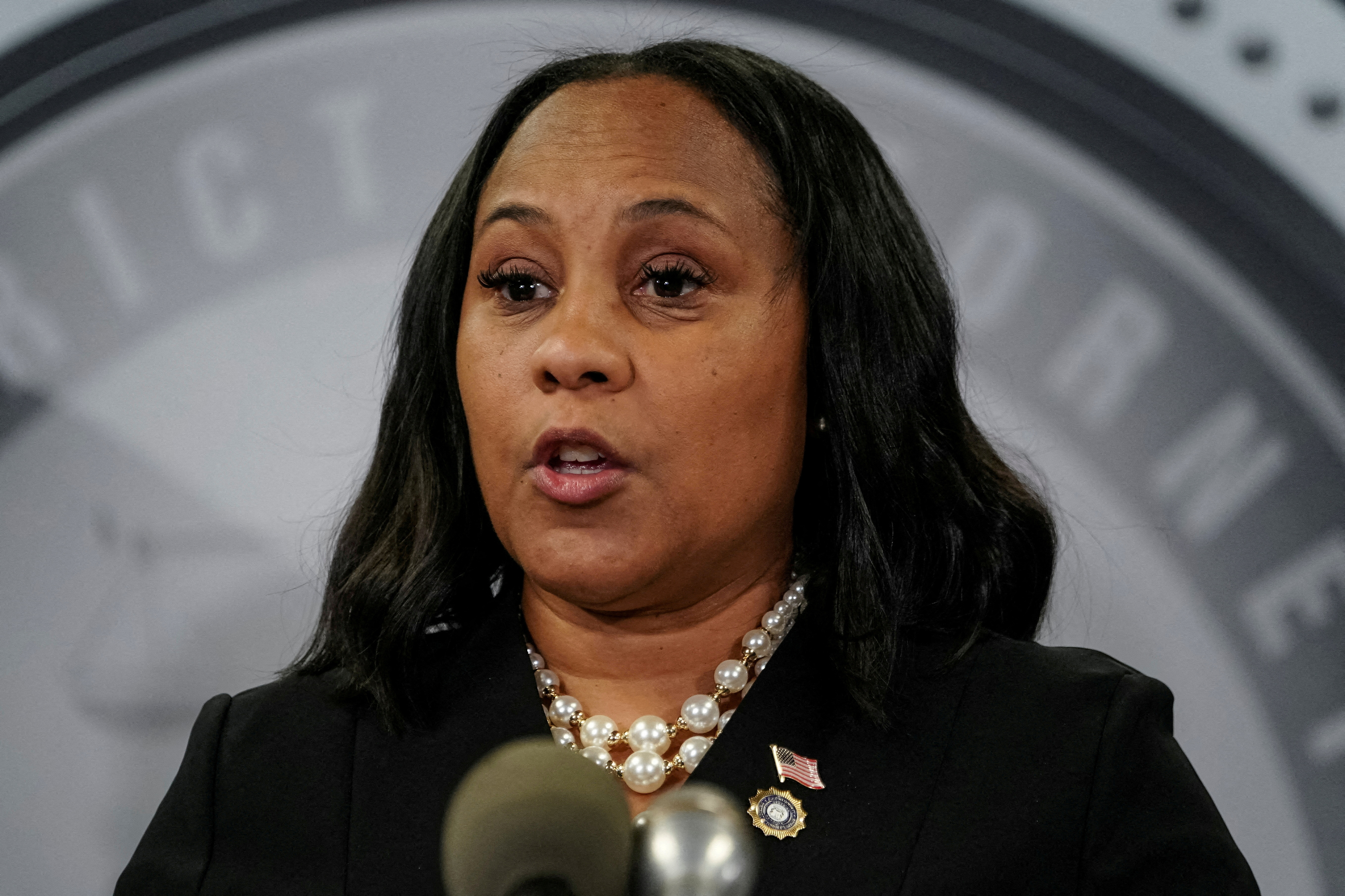 Fulton County District Attorney Fani Willis speaks to the media in Atlanta, Georgia, U.S. August 14, 2023. 