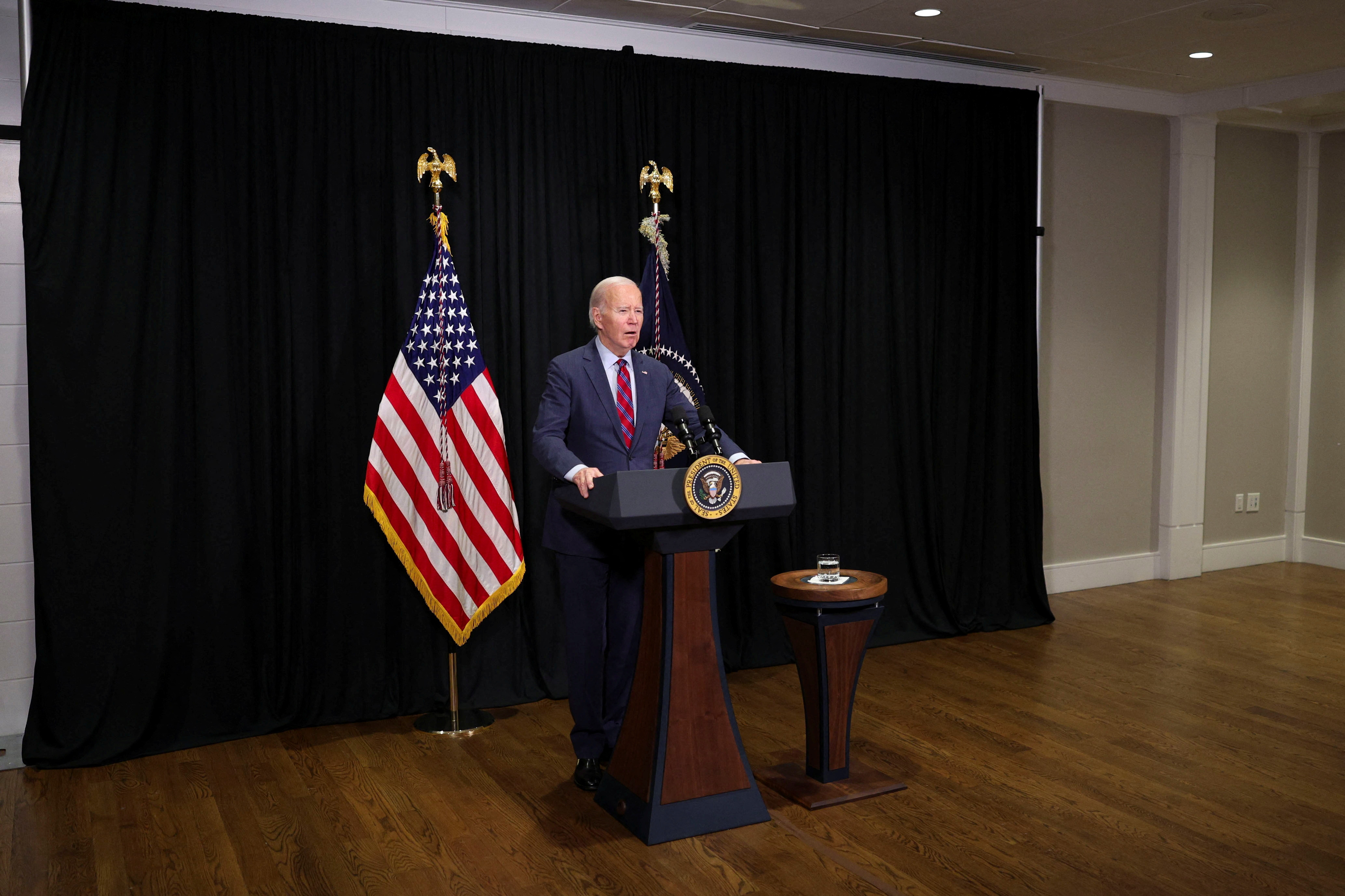 U.S. President Joe Biden delivers remarks following a hostages-prisoners swap deal between Hamas and Israel, during a press conference in Nantucket, Massachusetts, U.S., November 24, 2023. 