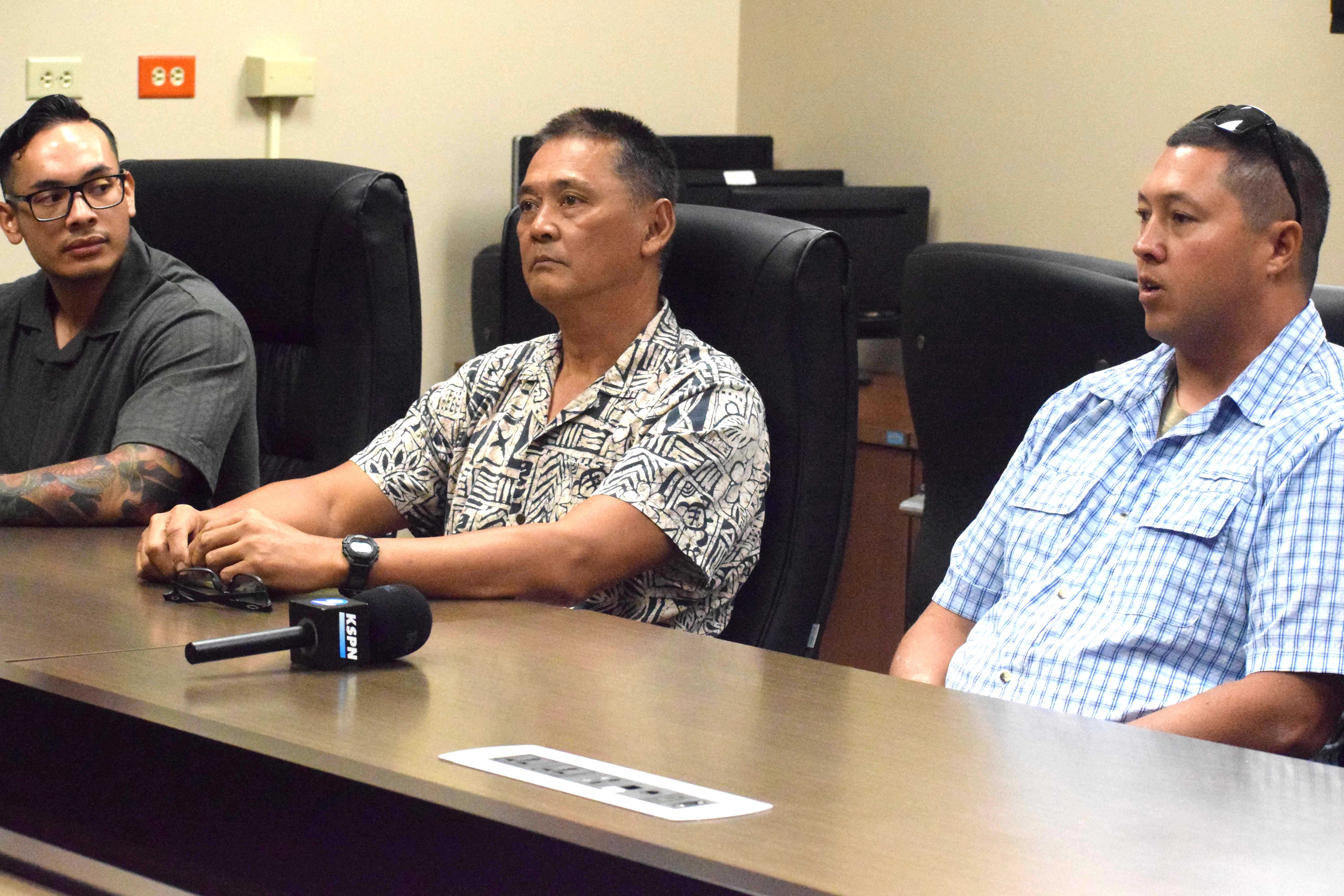 From left, CNMI Homeland Security and Emergency Management public information officer Bernard Villagomez, Special Assistant for HSEM Franklin Babauta and Guam National Guard exercise planner Sean Cripps during a press briefing in the HSEM conference room on Thursday.