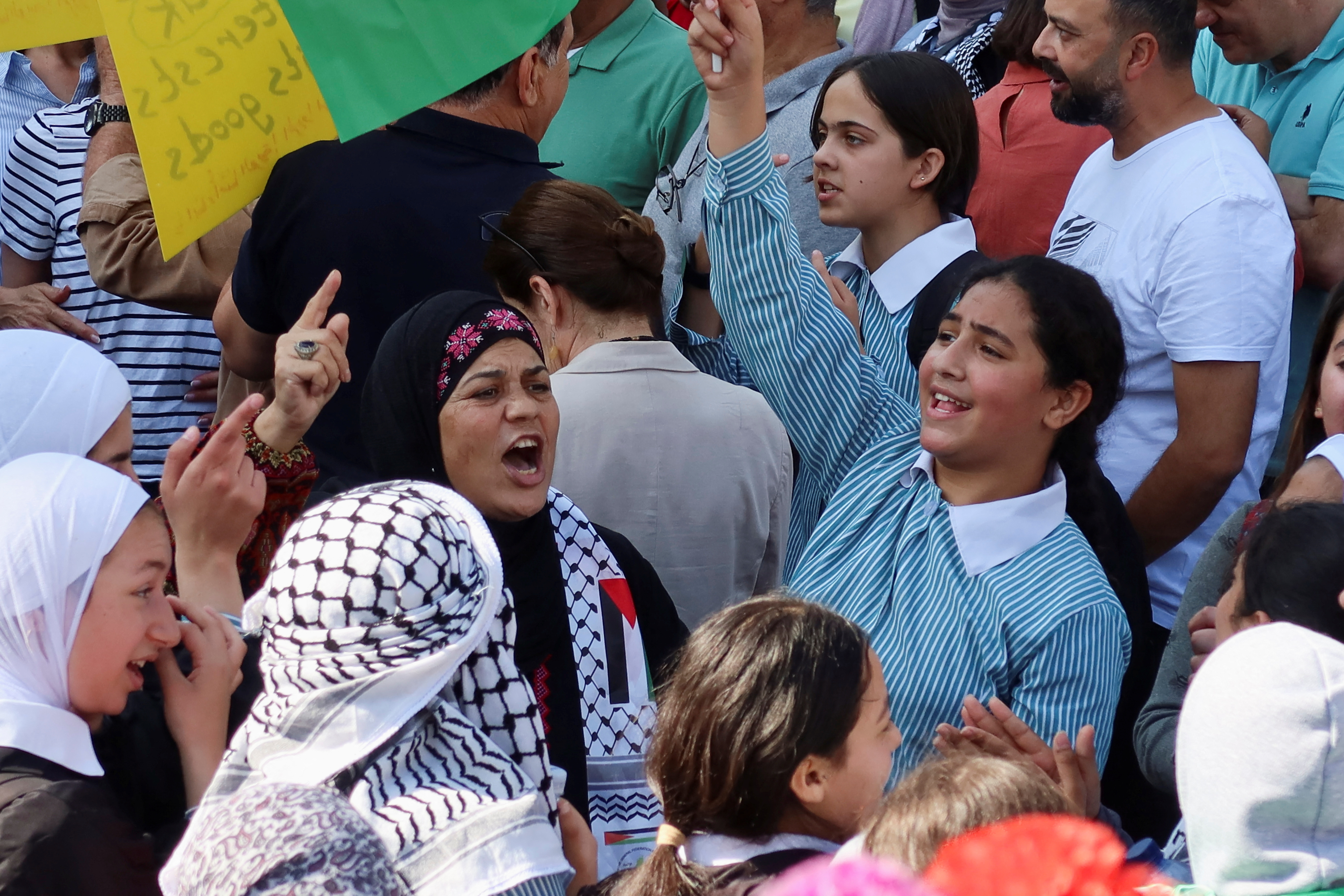 Palestinians react as they take part in a protest against the visit of U.S. Secretary of State Antony Blinken in Ramallah in the Israeli-occupied West Bank November 5, 2023. 