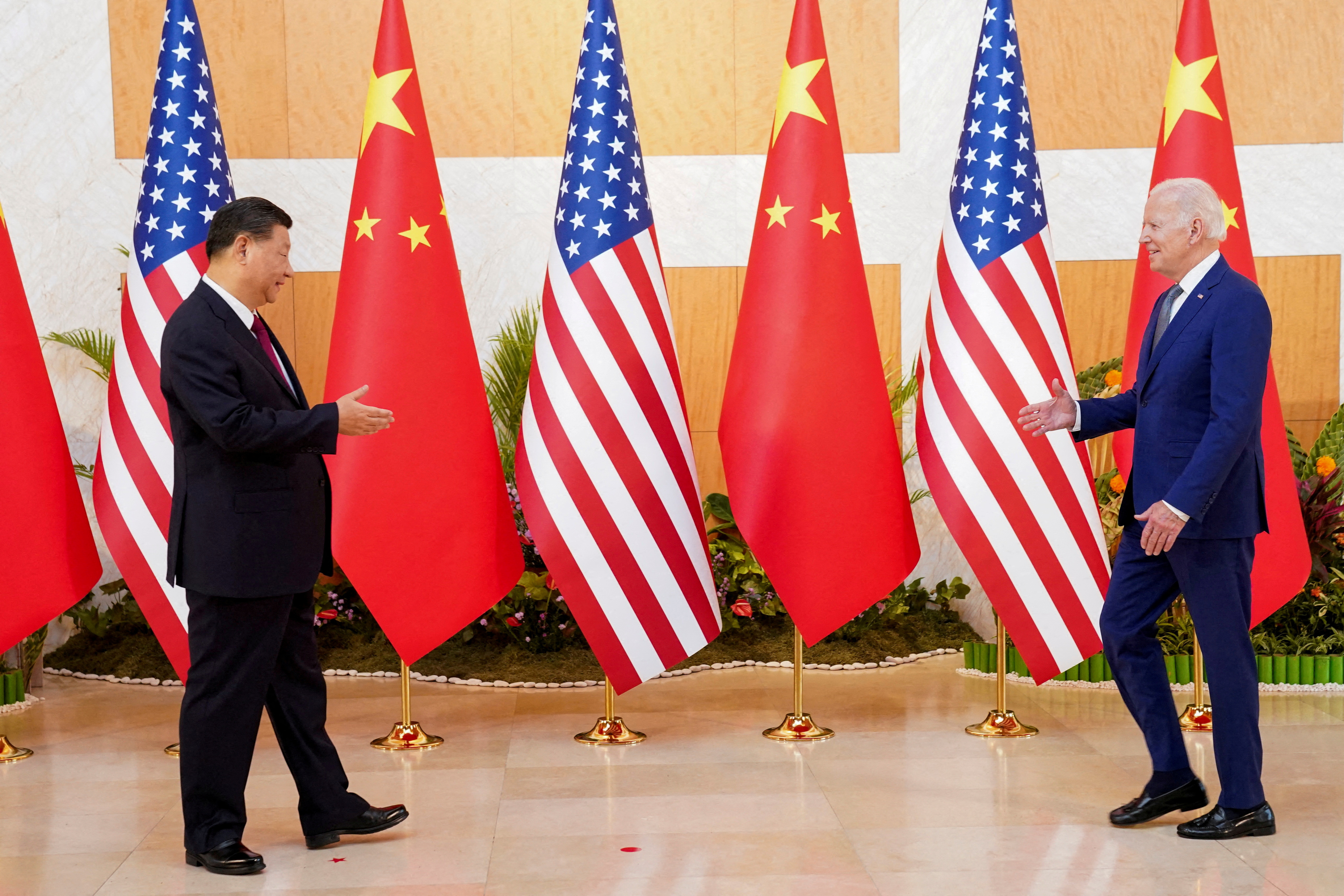 U.S. President Joe Biden meets with Chinese President Xi Jinping on the sidelines of the G20 leaders' summit in Bali, Indonesia, November 14, 2022. 