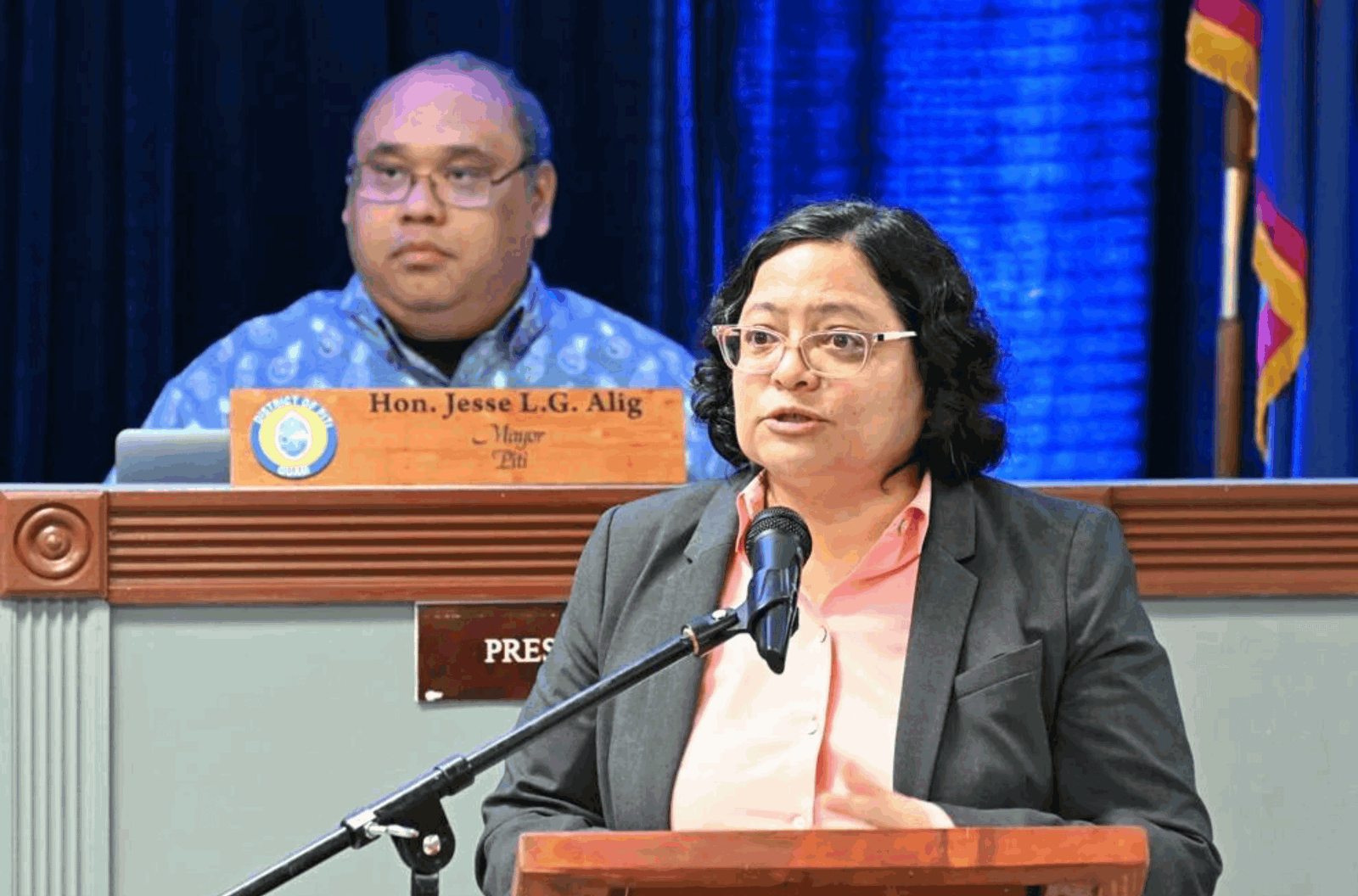 Sen. Sabina Perez speaks to the Mayor's Council of Guam about Bill 165-37 which would require all residential homeowners to sign up for trash services on Wednesday in Hagåtña.
