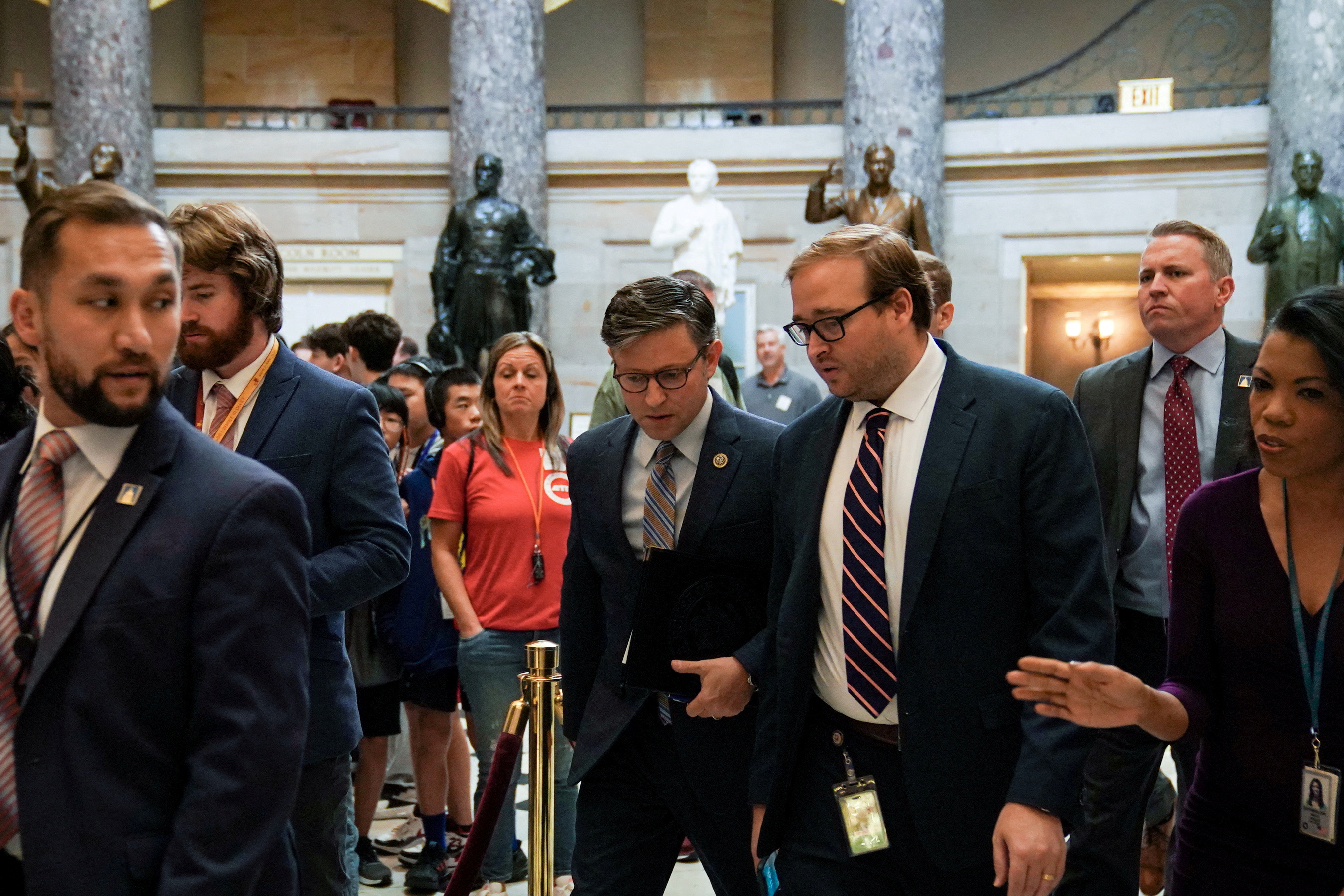 Newly-elected U.S. House Speaker Mike Johnson (R-LA) walks from his office to the House floor at the U.S. Capitol in Washington, U.S., October 26, 2023.
