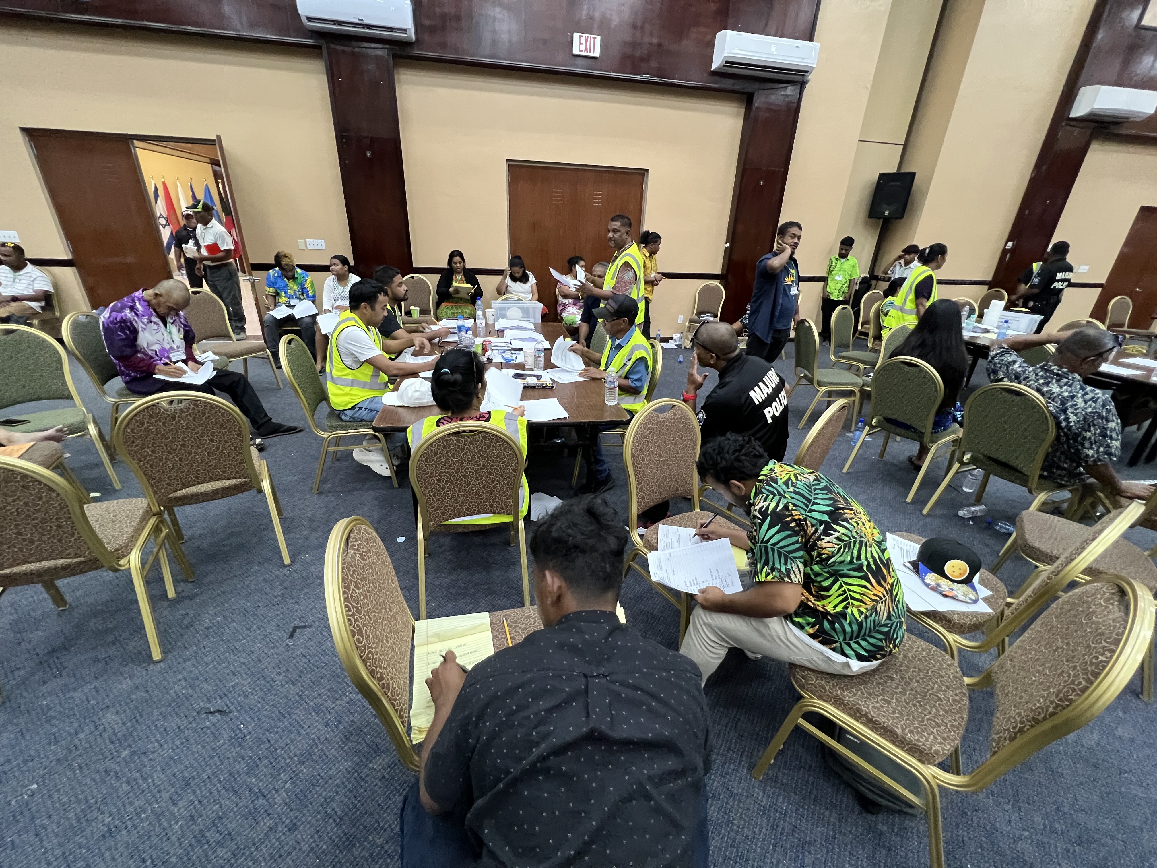 Tabulation of the domestic vote began about midnight Monday following closing of the polls a few hours earlier and concluded Friday, Nov. 24, 2023. In Majuro, tabulation tables are surrounded by candidate poll watchers monitoring the counts.