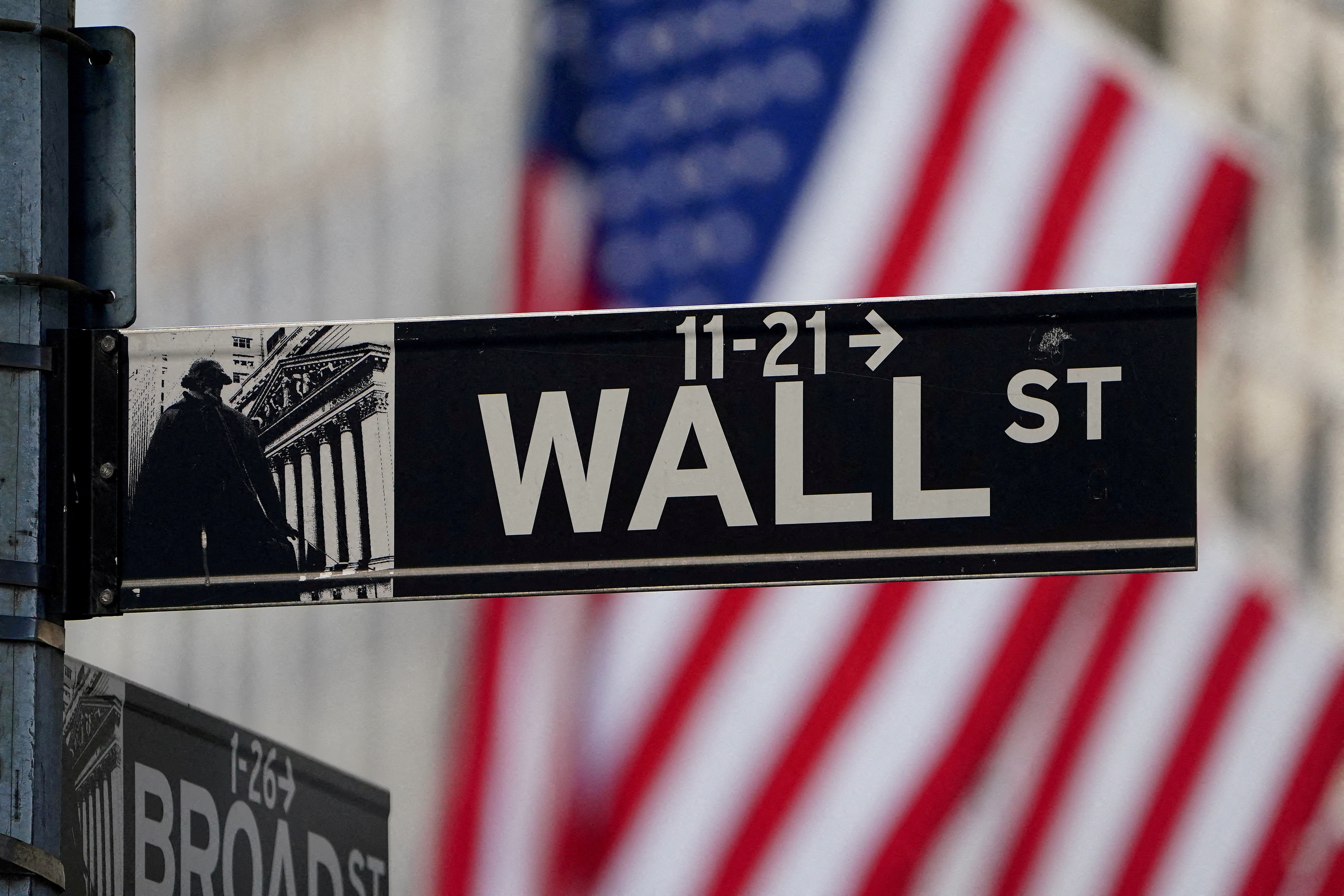 The Wall Street sign is pictured at the New York Stock exchange (NYSE) in the Manhattan borough of New York City, New York, U.S., March 9, 2020. 