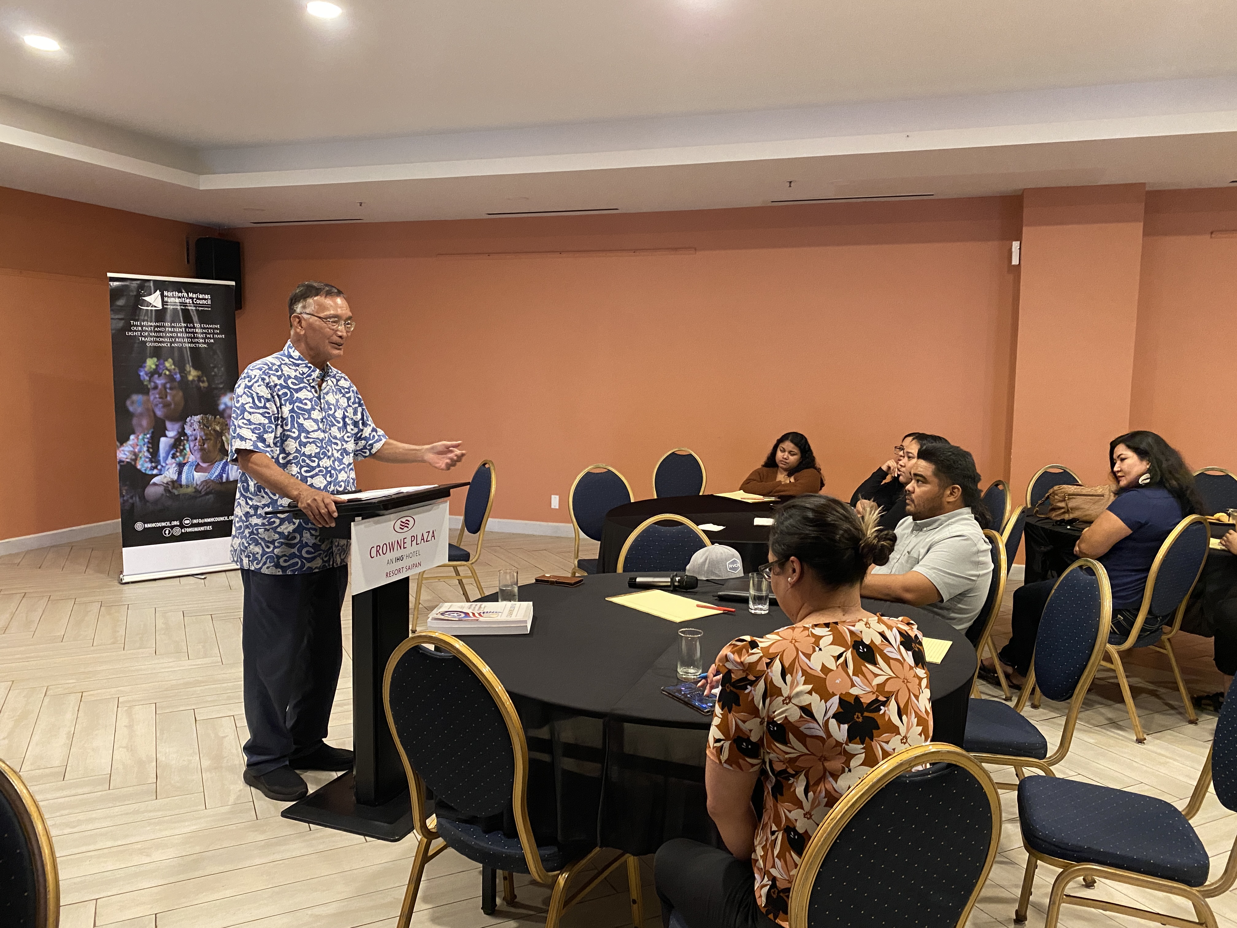 Former Gov. Juan N. Babauta speaks to participants of a civics workshop at the Crowne Plaza Resort on Wednesday.
