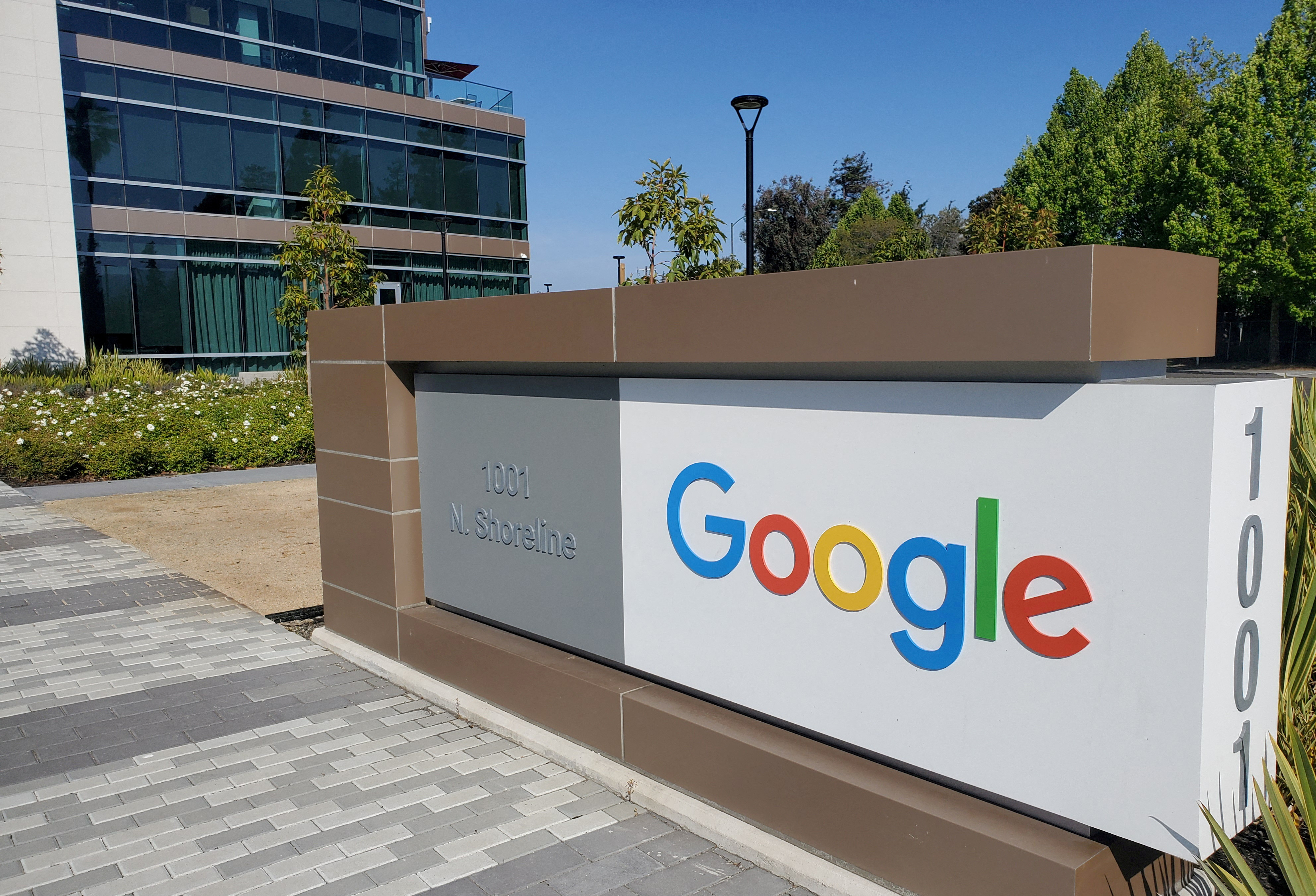 A sign is pictured outside a Google office near the company's headquarters in Mountain View, California, U.S., May 8, 2019. Photo taken May 8, 2019. 