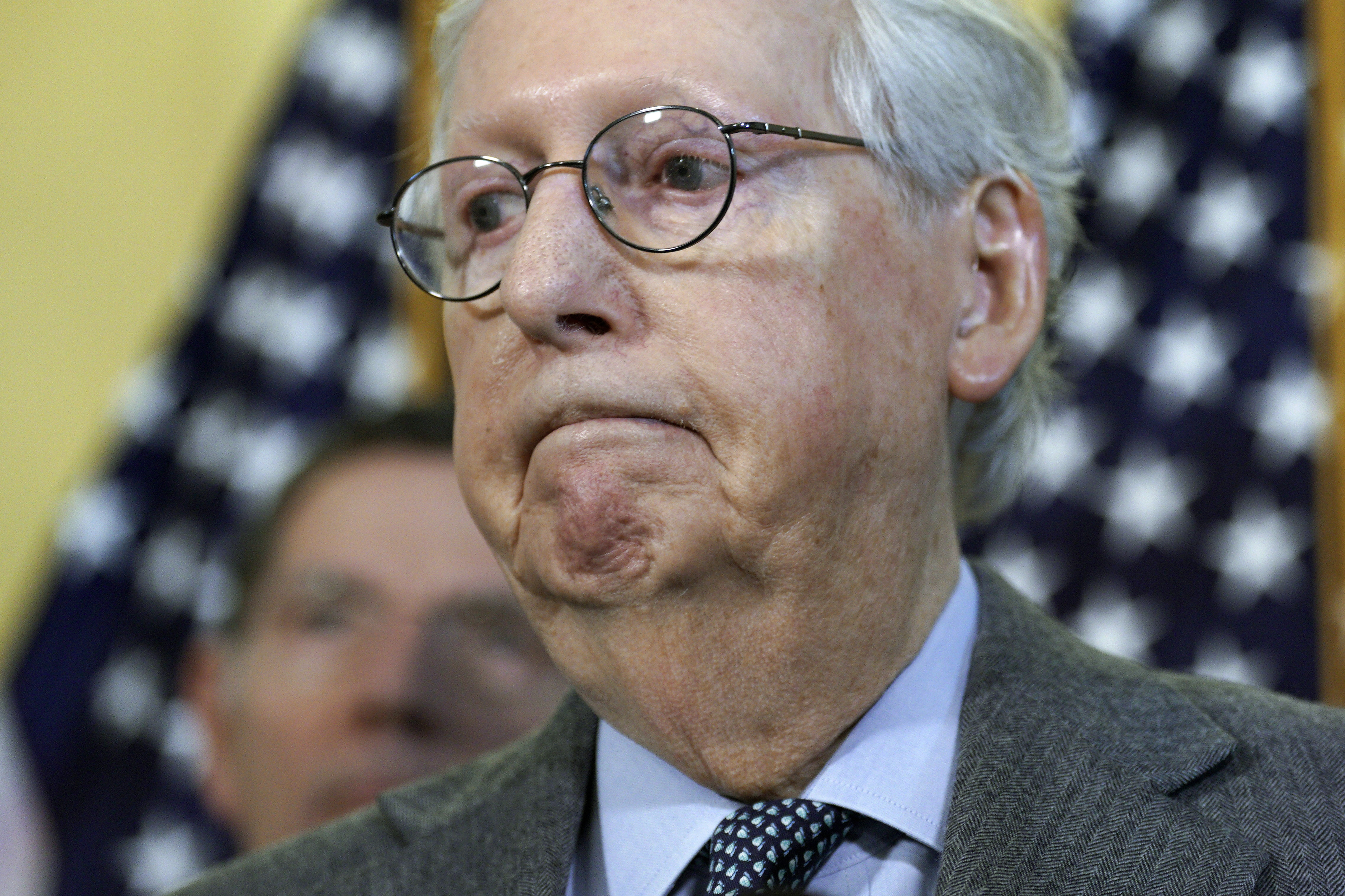 U.S. Senate Minority Leader Mitch McConnell, R-Ky., with GOP Senators, speaks to the media after the Republican Weekly Policy Luncheon on Capitol Hill in Washington, D.C., on Tuesday, Feb. 15, 2022. 