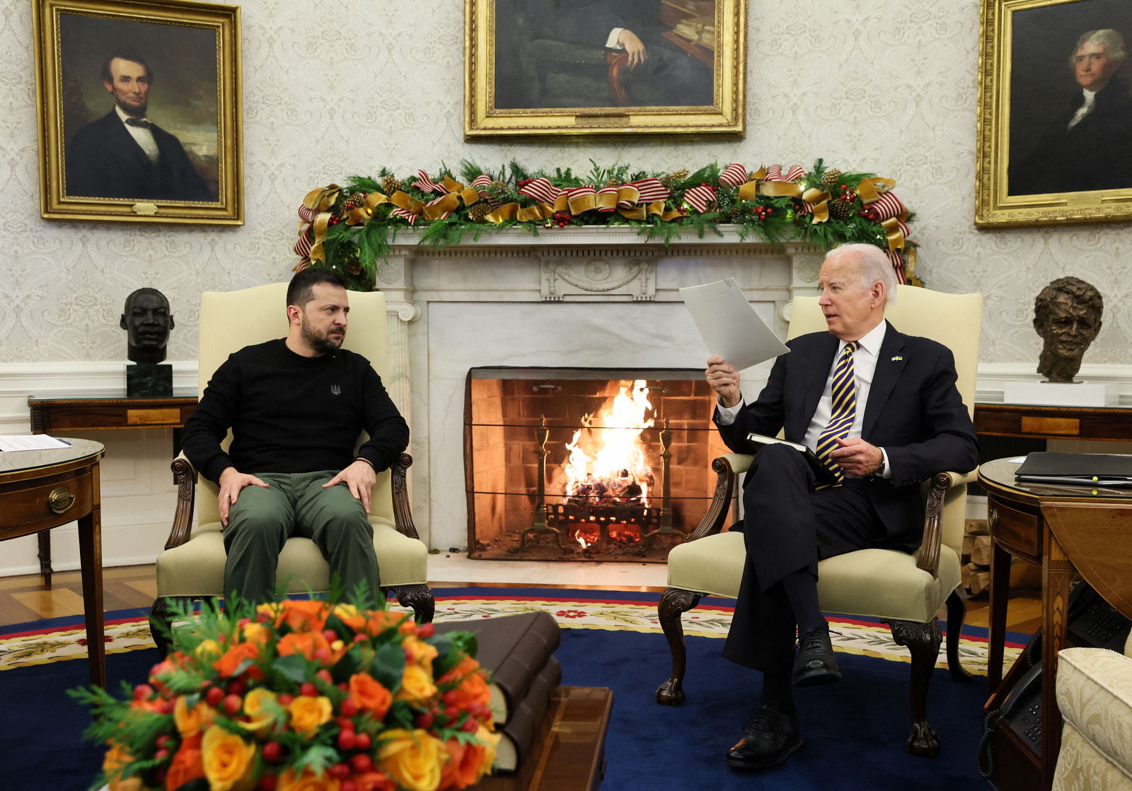 U.S. President Joe Biden meets with Ukraine's President Volodymyr Zelenskiy in the Oval Office at the White House in Washington, U.S., December 12, 2023. REUTERS/Leah Millis