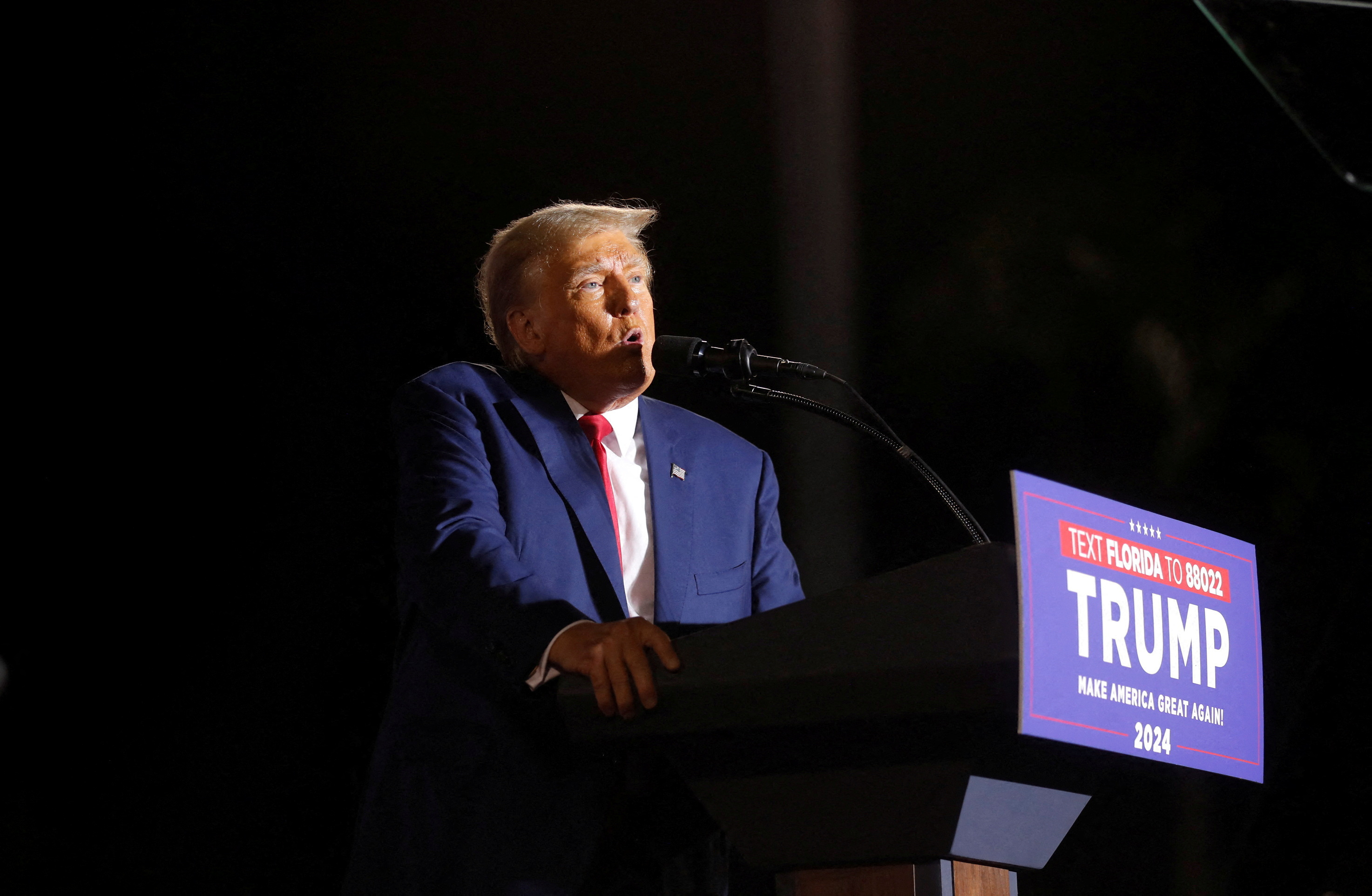 Republican presidential candidate and former U.S. President Donald Trump speaks during a campaign rally at Ted Hendricks Stadium in Hialeah, Florida, U.S. November 8, 2023.