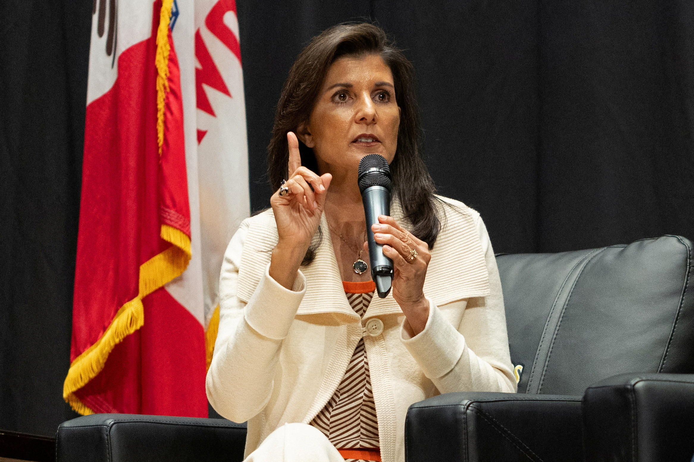 Republican presidential candidate and former U.S. Ambassador to the United Nations Nikki Haley speaks during the "Faith and Family with the Feenstras" event moderated by Rep. Randy Feenstra in Sioux Center, Iowa, U.S. December 9, 2023. 