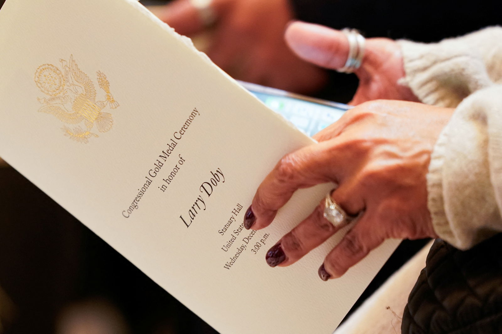 A Congressional Gold Medal ceremony posthumously honoring Major League Baseball player, civil rights activist and World War II veteran, Lawrence Eugene “Larry” Doby, takes place in Statuary Hall at the U.S. Capitol in Washington, U.S., December 13, 2023. 