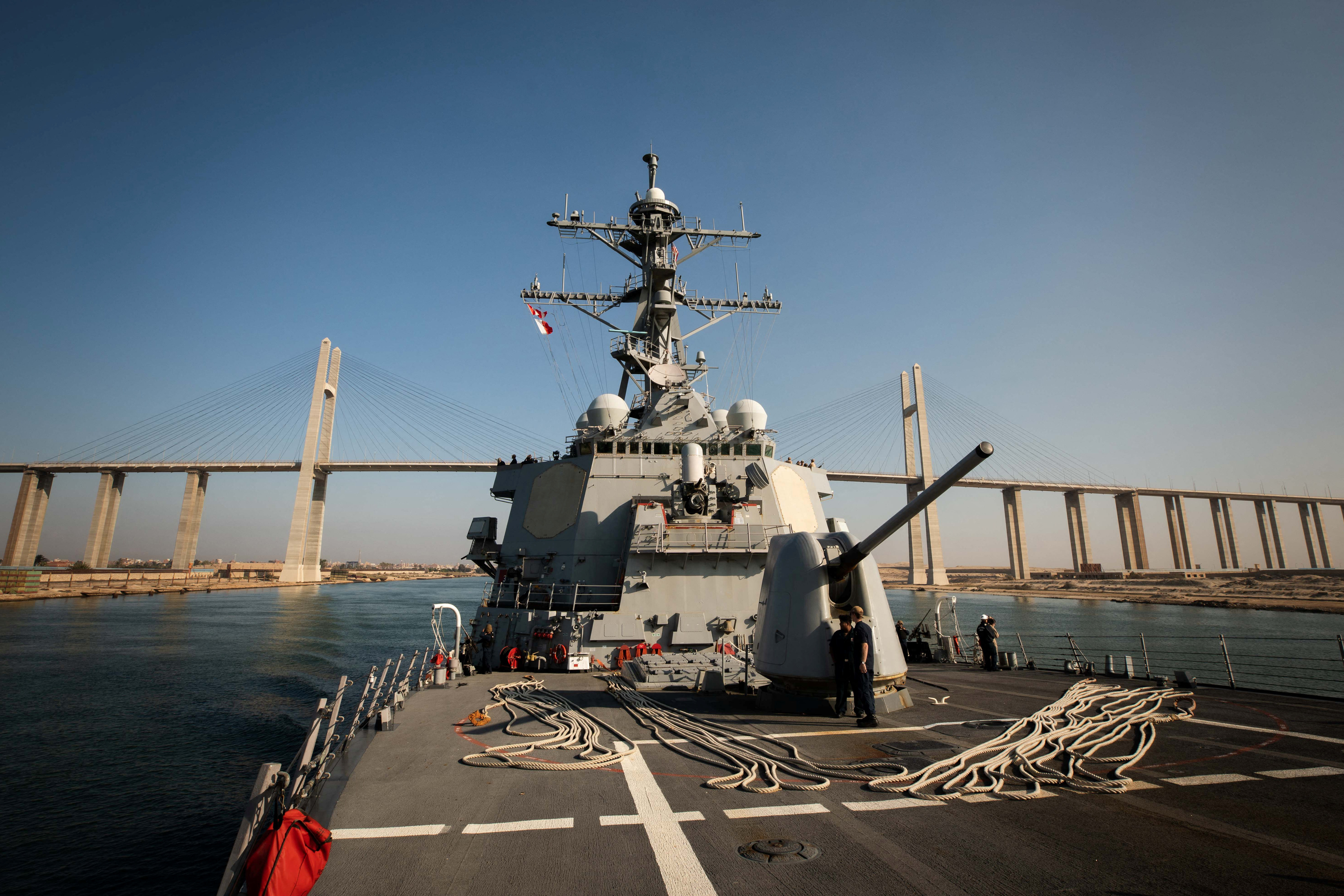 The U.S. Navy Arleigh Burke-class guided-missile destroyer USS Carney transits the Suez Canal, Egypt October 18, 2023. 