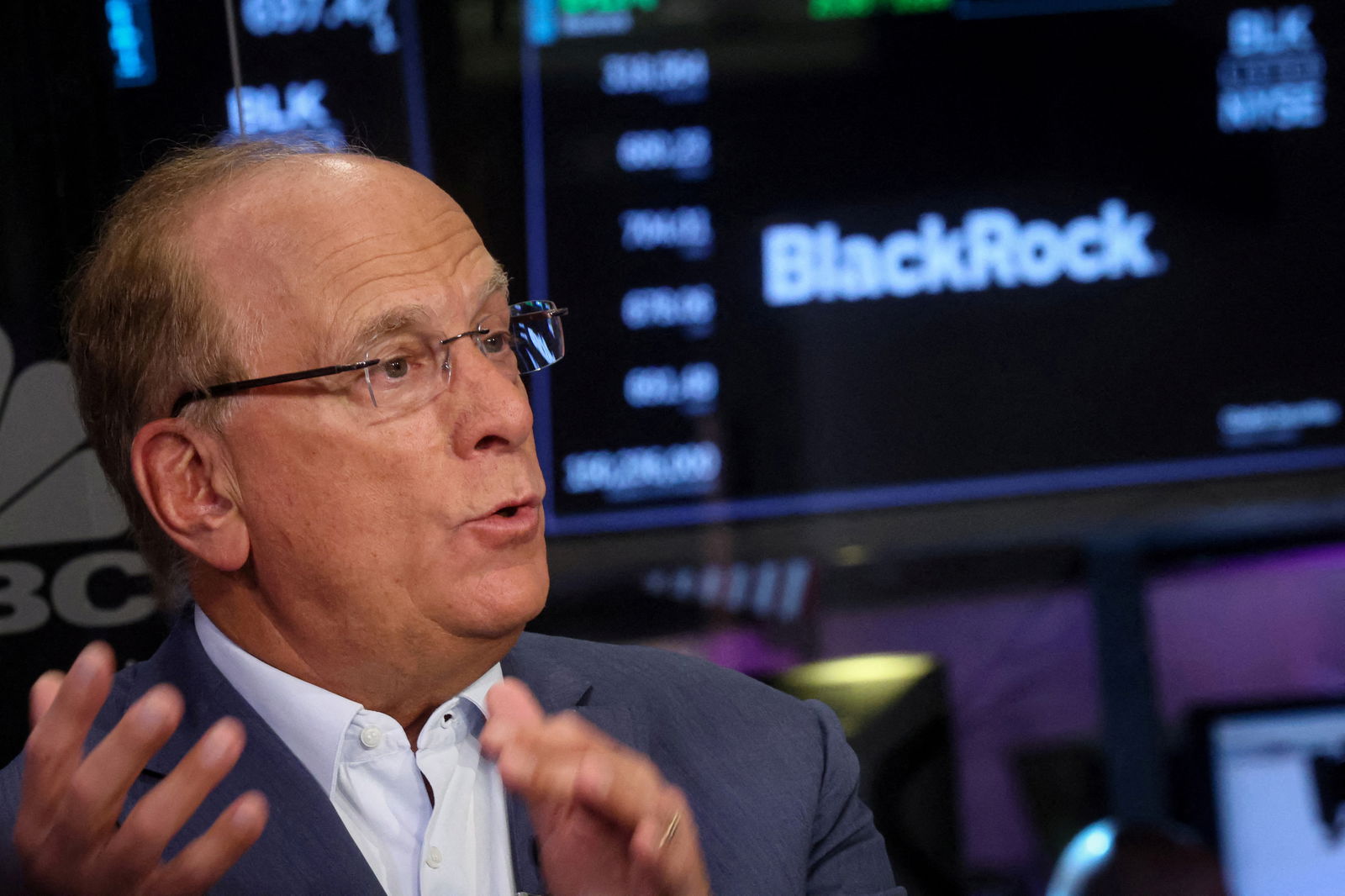 Larry Fink, Chairman and CEO of BlackRock, speaks during an interview with CNBC on the floor of the New York Stock Exchange (NYSE) in New York City, U.S., April 14, 2023. 
