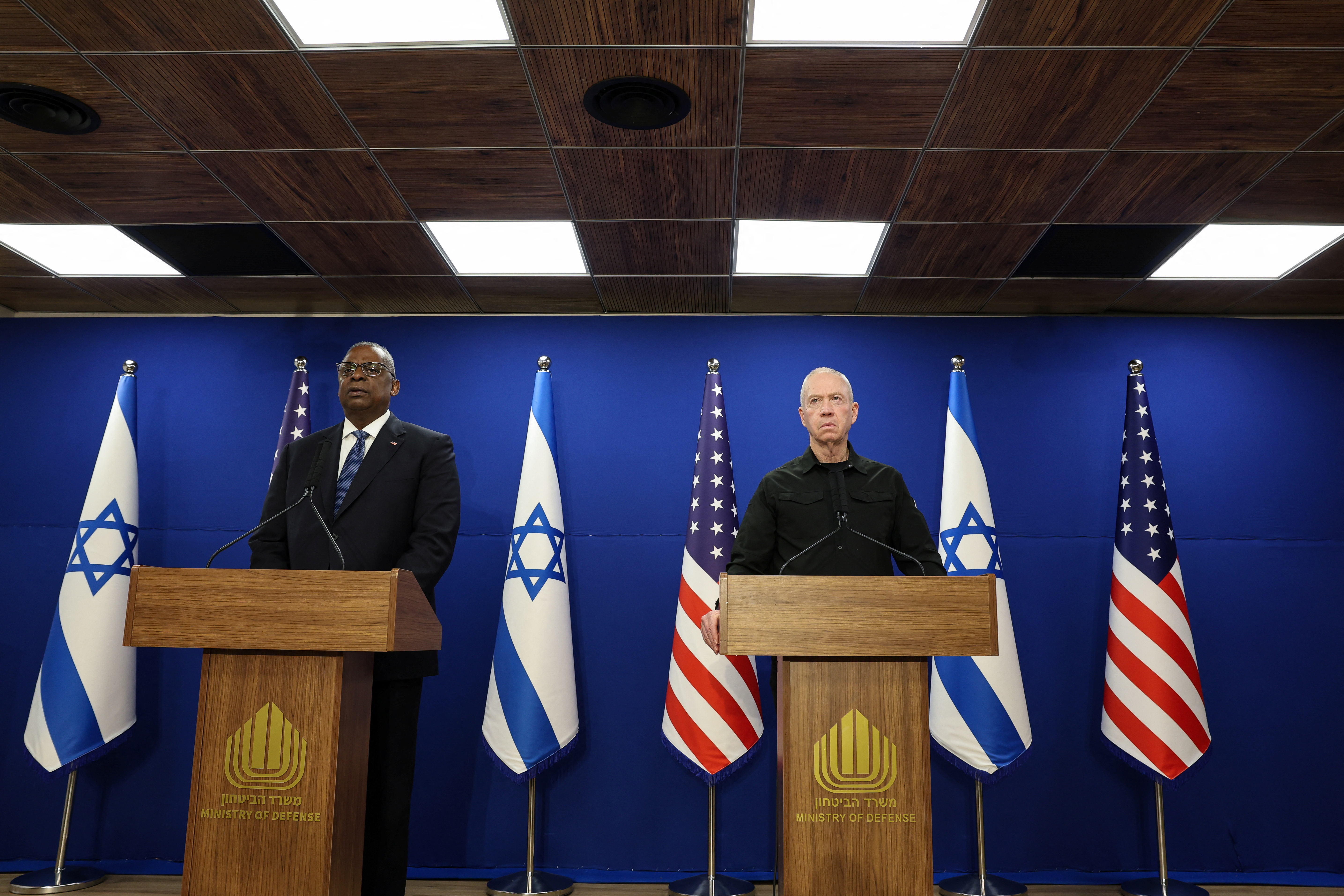U.S. Secretary of Defense Lloyd Austin and Israeli Defense Minister Yoav Gallant hold a joint press conference at Israel's Ministry of Defense in Tel Aviv, Israel December 18, 2023. 