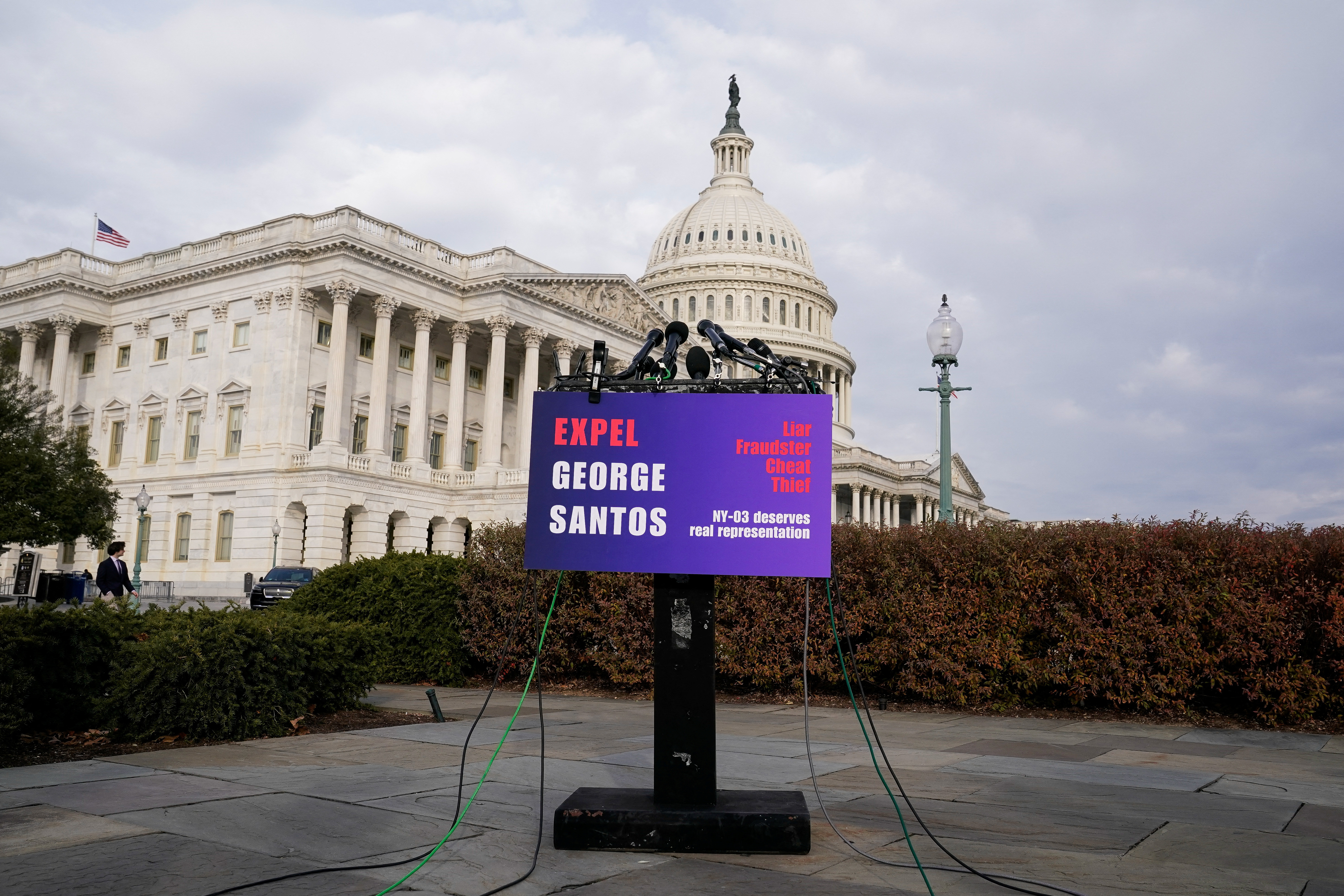 A lectern and microphones are seen before the start of a press conference calling for the expulsion of U.S. Representative George Santos (R-NY) from the House of Representatives ahead of a vote on the expulsion, on Capitol Hill in Washington, U.S., December 1, 2023. 