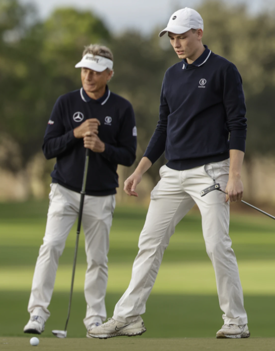 Bernhard Langer, left, and his son Jason putt during the final round of the PNC Championship golf tournament Sunday, Dec. 17, 2023, in Orlando, Fla.
