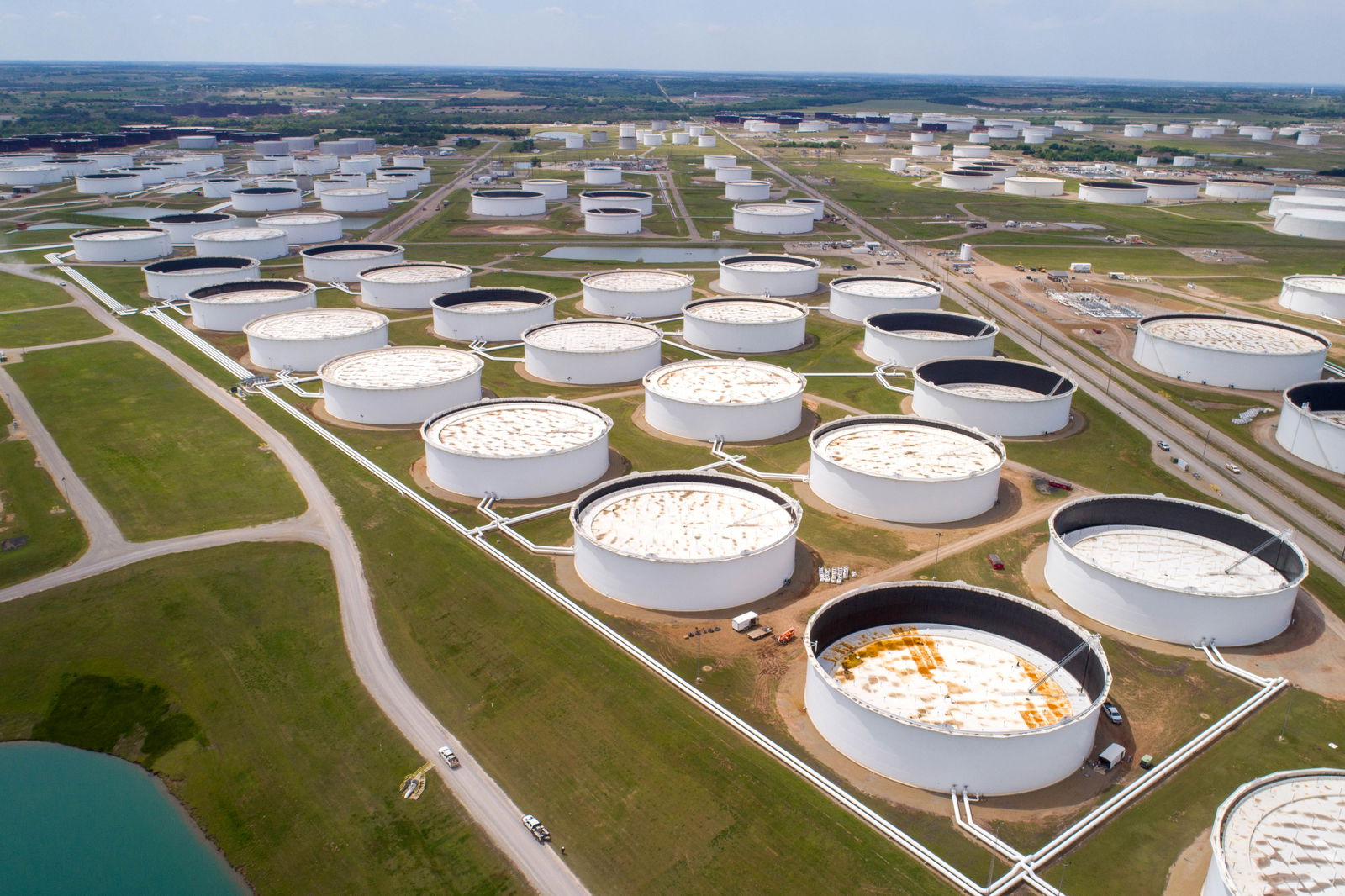 Crude oil storage tanks are seen in an aerial photograph at the Cushing oil hub in Cushing, Oklahoma, April 21, 2020.