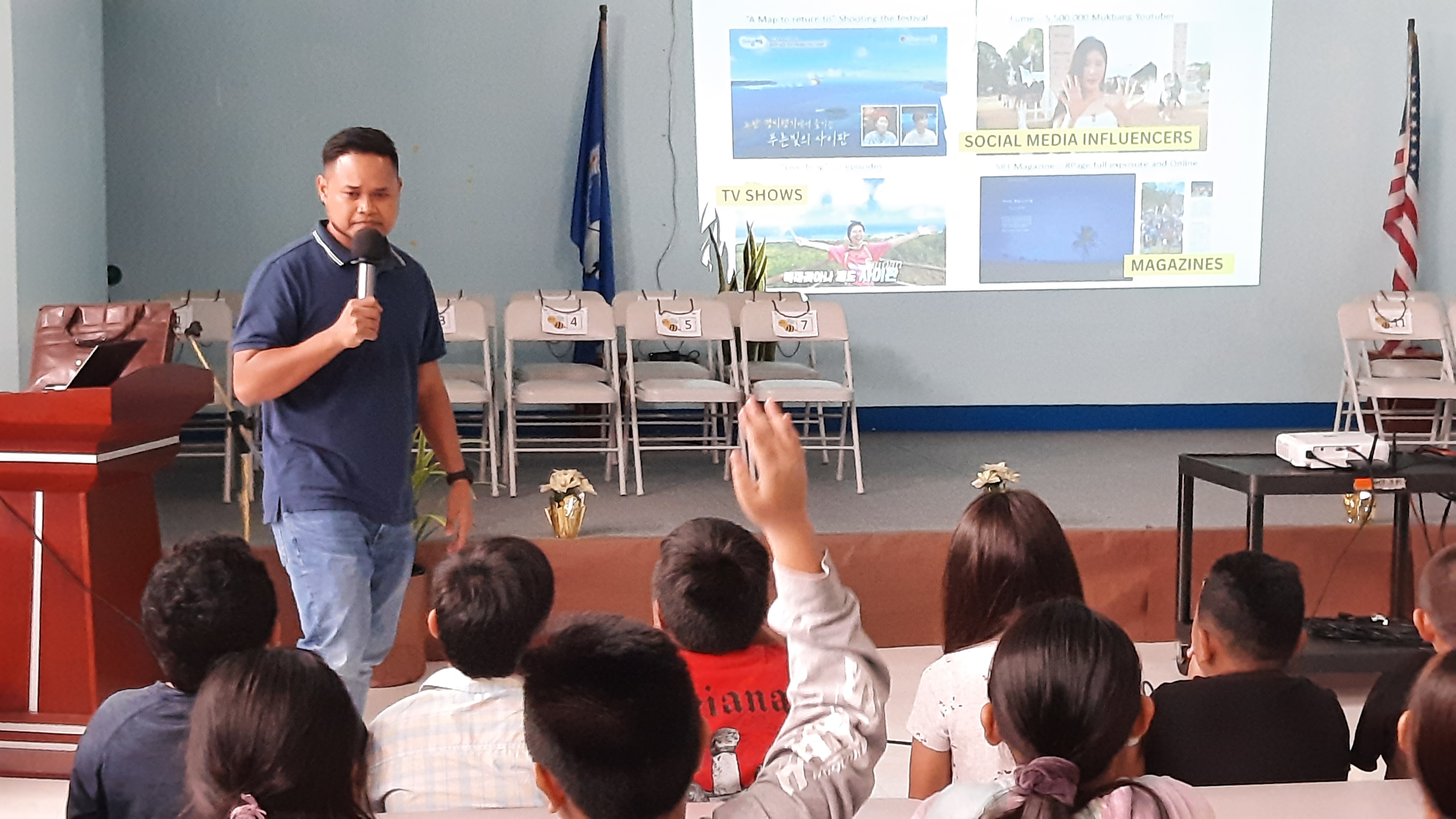 Students of Kagman Elementary respond to Marianas Visitor Authority Community Projects Specialist Jack Aranda during the educational outreach presentation of the MVA and Marianas Tourism Education Council on Dec. 19, 2023, at the school.