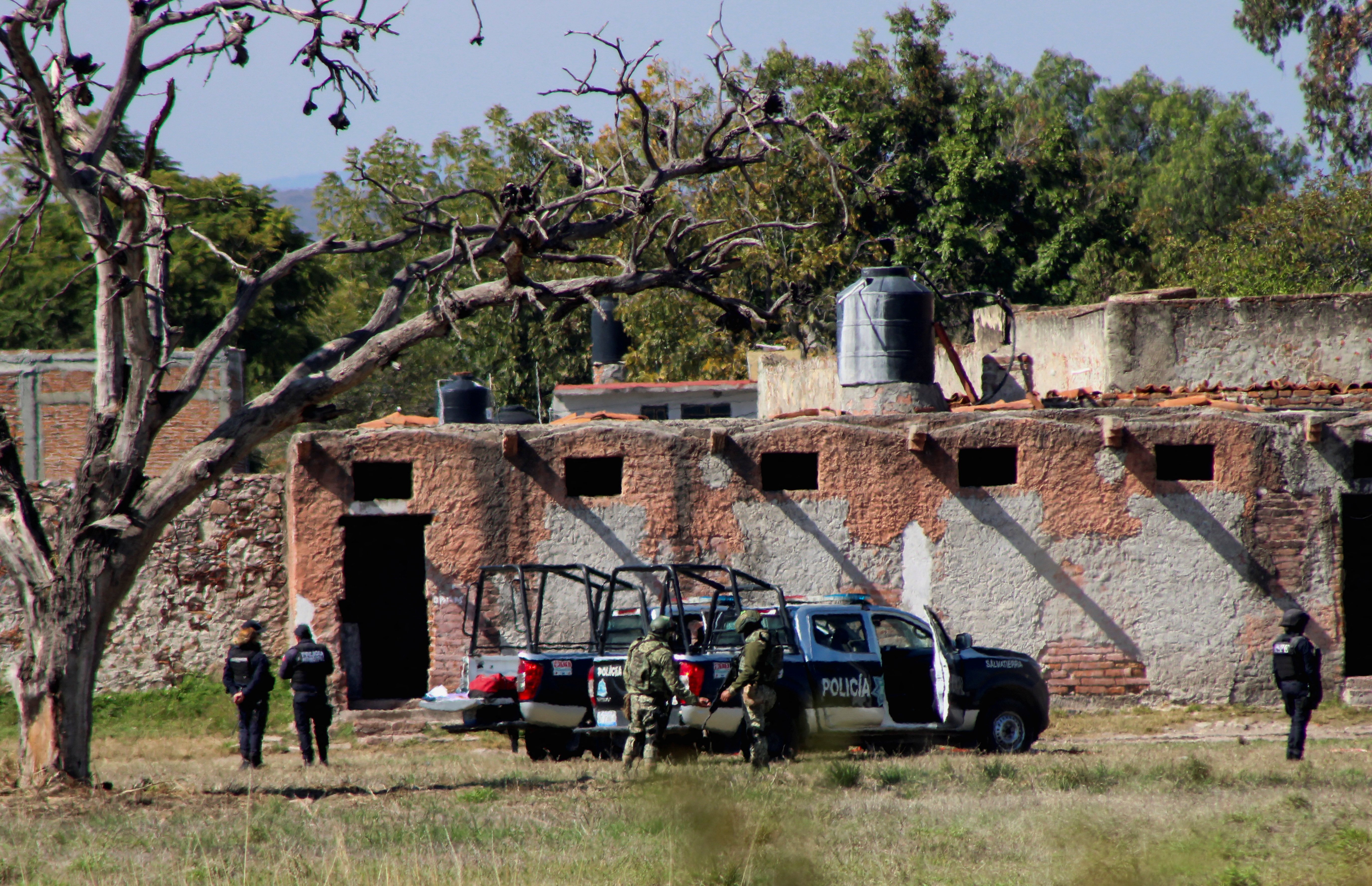Authorities work at the scene where members of an armed group opened fire to partygoers attending a posada, in Salvatierra, in Guanajuato state, Mexico, December 17, 2023. 