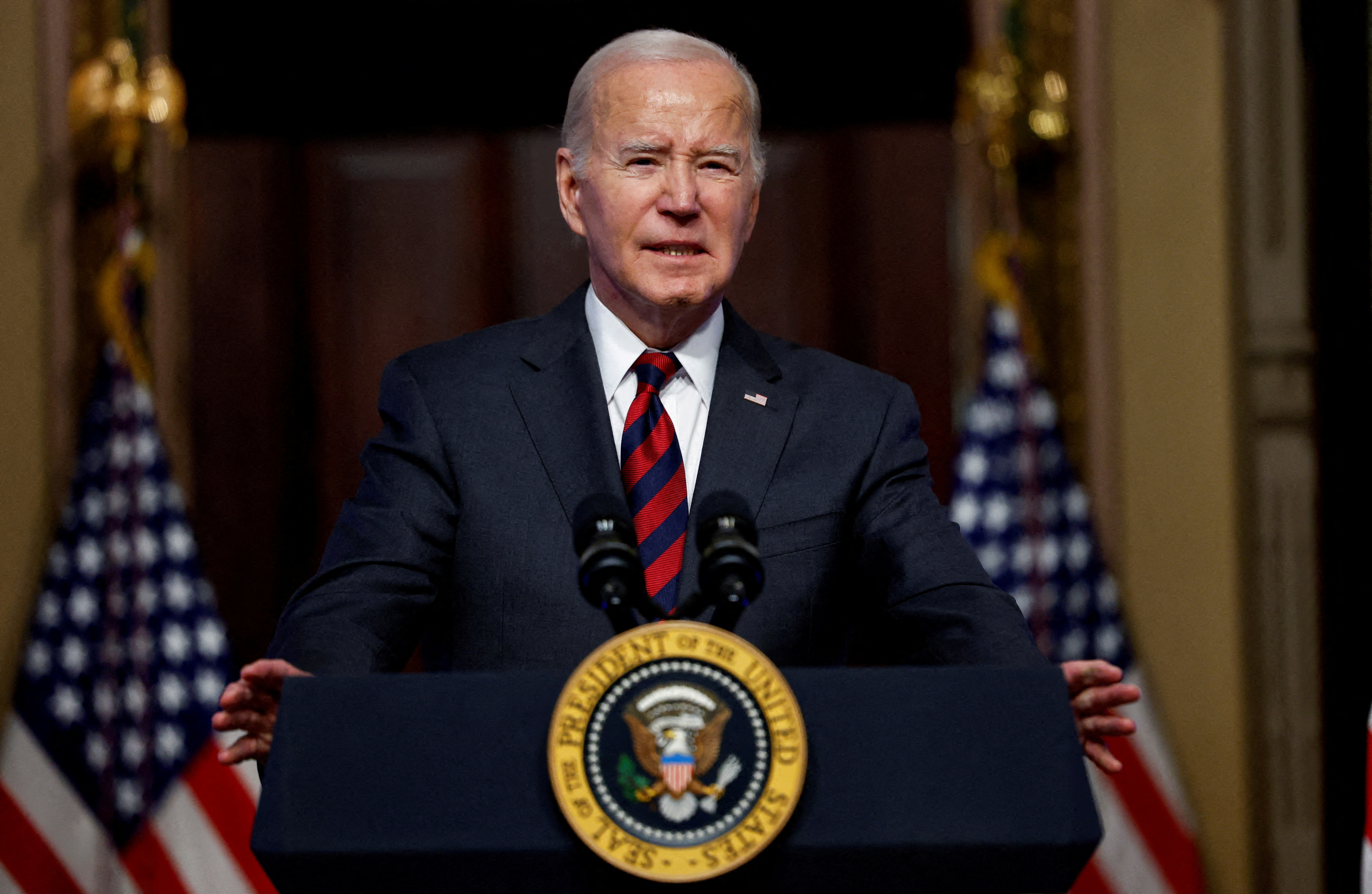 U.S. President Joe Biden speaks In the Indian Treaty Room of the Eisenhower Executive Office Building at the White House complex in Washington, U.S., November 27, 2023. 