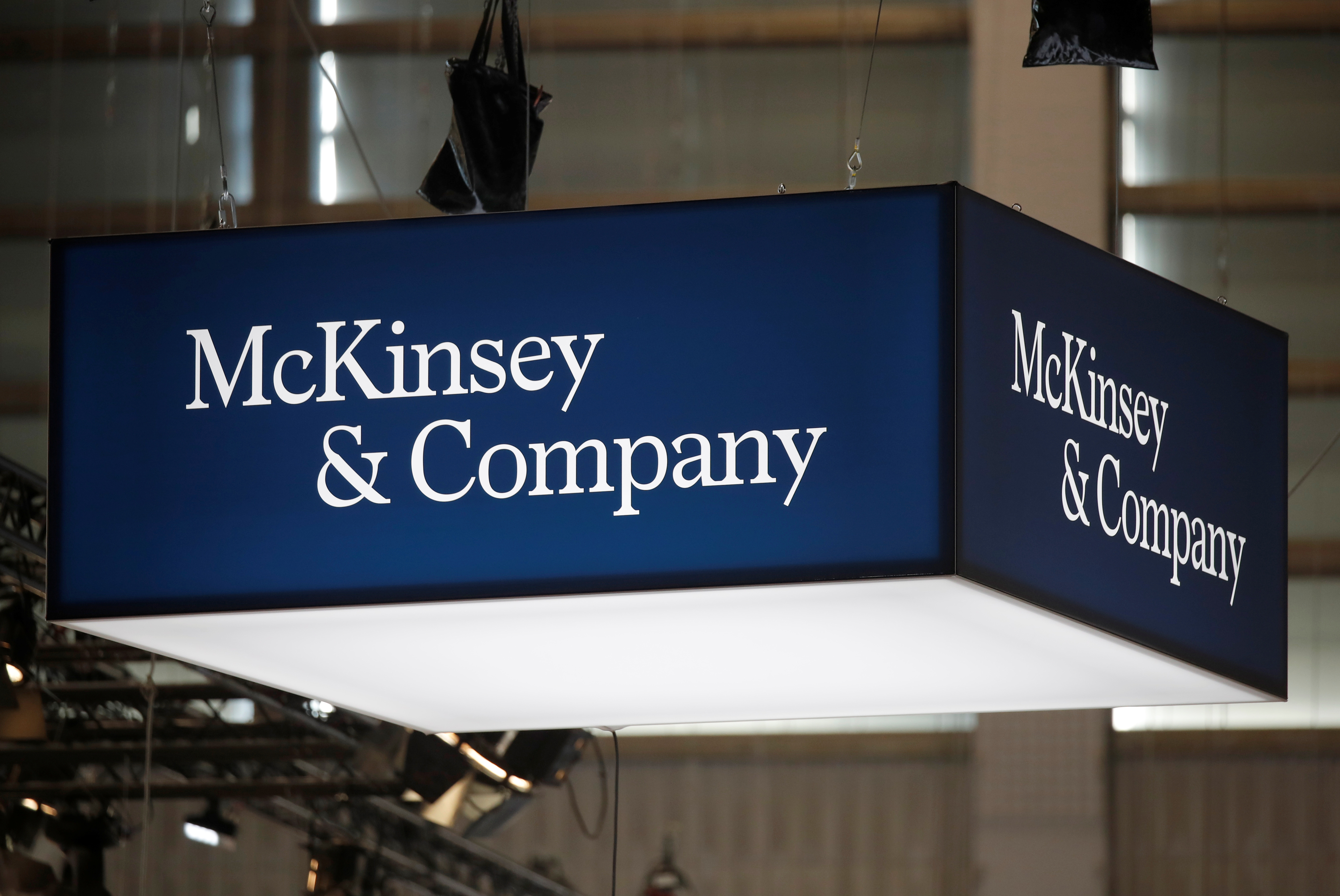 The logo of consulting firm McKinsey and Company is seen at the high profile startups and high tech leaders gathering, Viva Tech,in Paris, France May 16, 2019. 