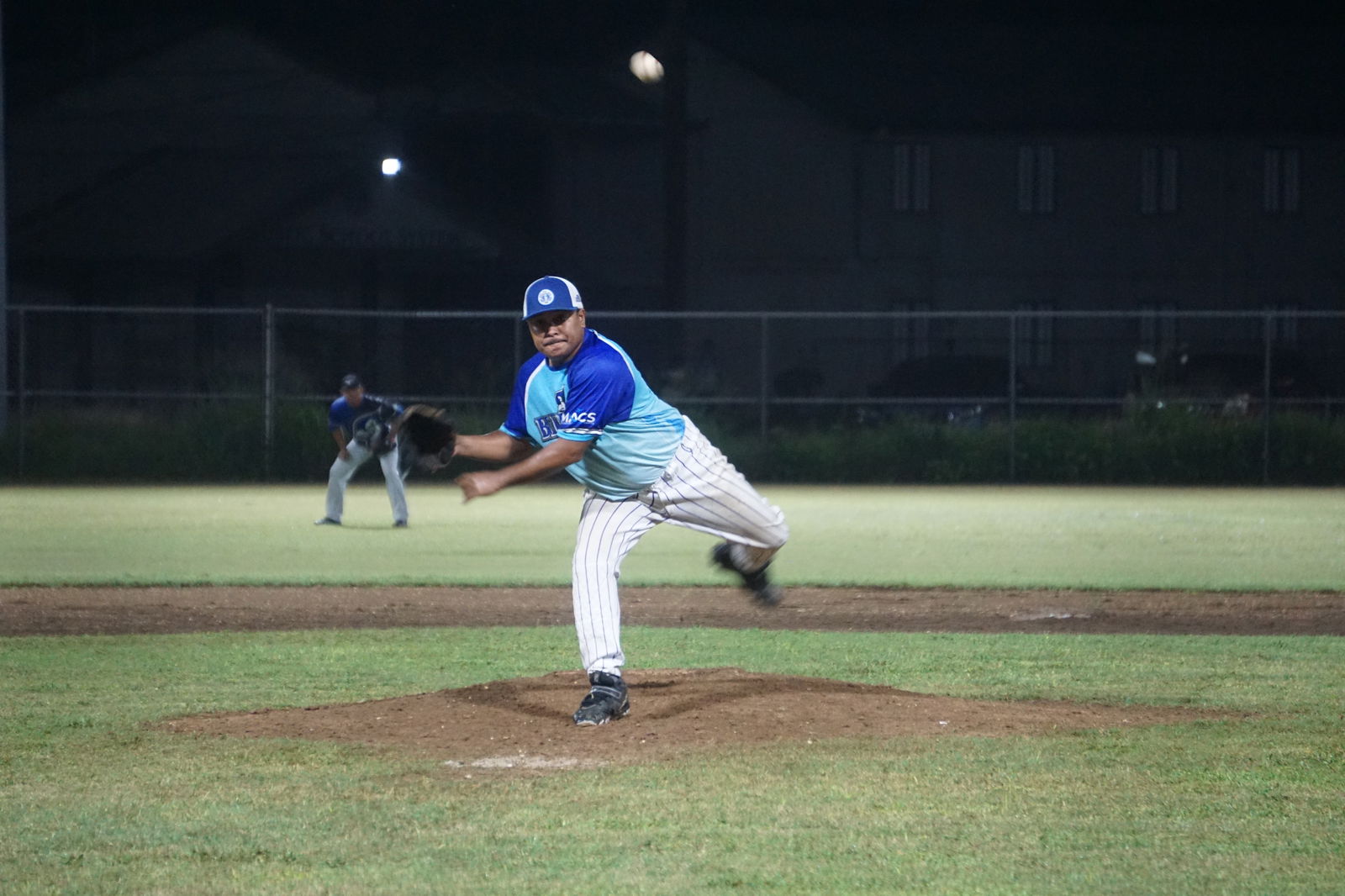The Blue Jays' Kevin Kapileo pitches against the Spartans on Thursday, before the rain forced the postponement of the 2023 SBL Masters League game at the Francisco "Tan Ko" Palacios Baseball Field. 