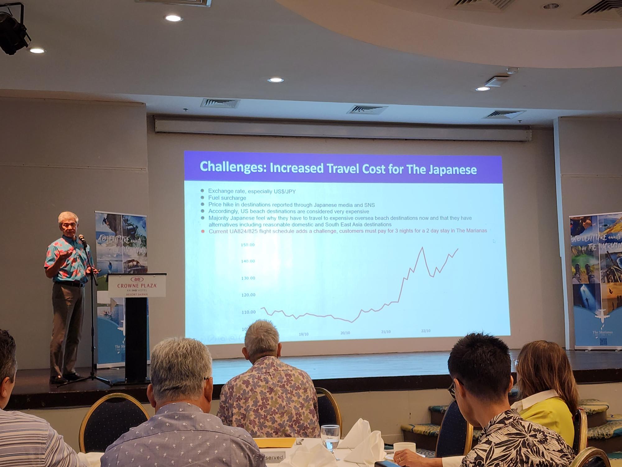 At the Marianas Visitors Authority’s general membership meeting at Crowne Plaza Resort on Thursday, MVA Japan office representative Takashi Ichikura discusses the challenges facing the Japan tourism market.
