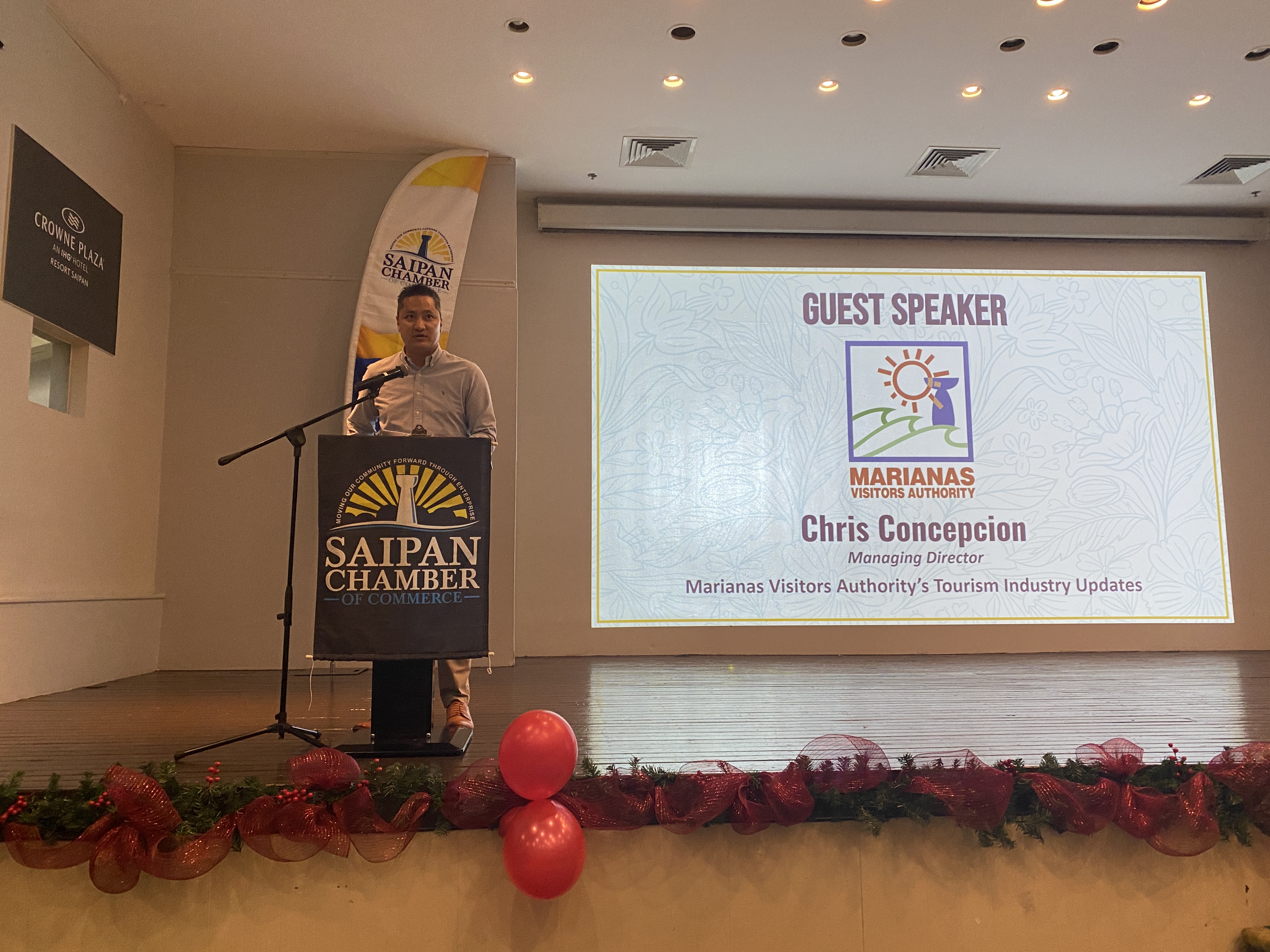 Marianas Visitors Authority Managing Director Chris Concepcion talks about the China tourism market during the Saipan Chamber of Commerce meeting on Wednesday at the Hibiscus Hall of Crowne Plaza Resort Saipan.