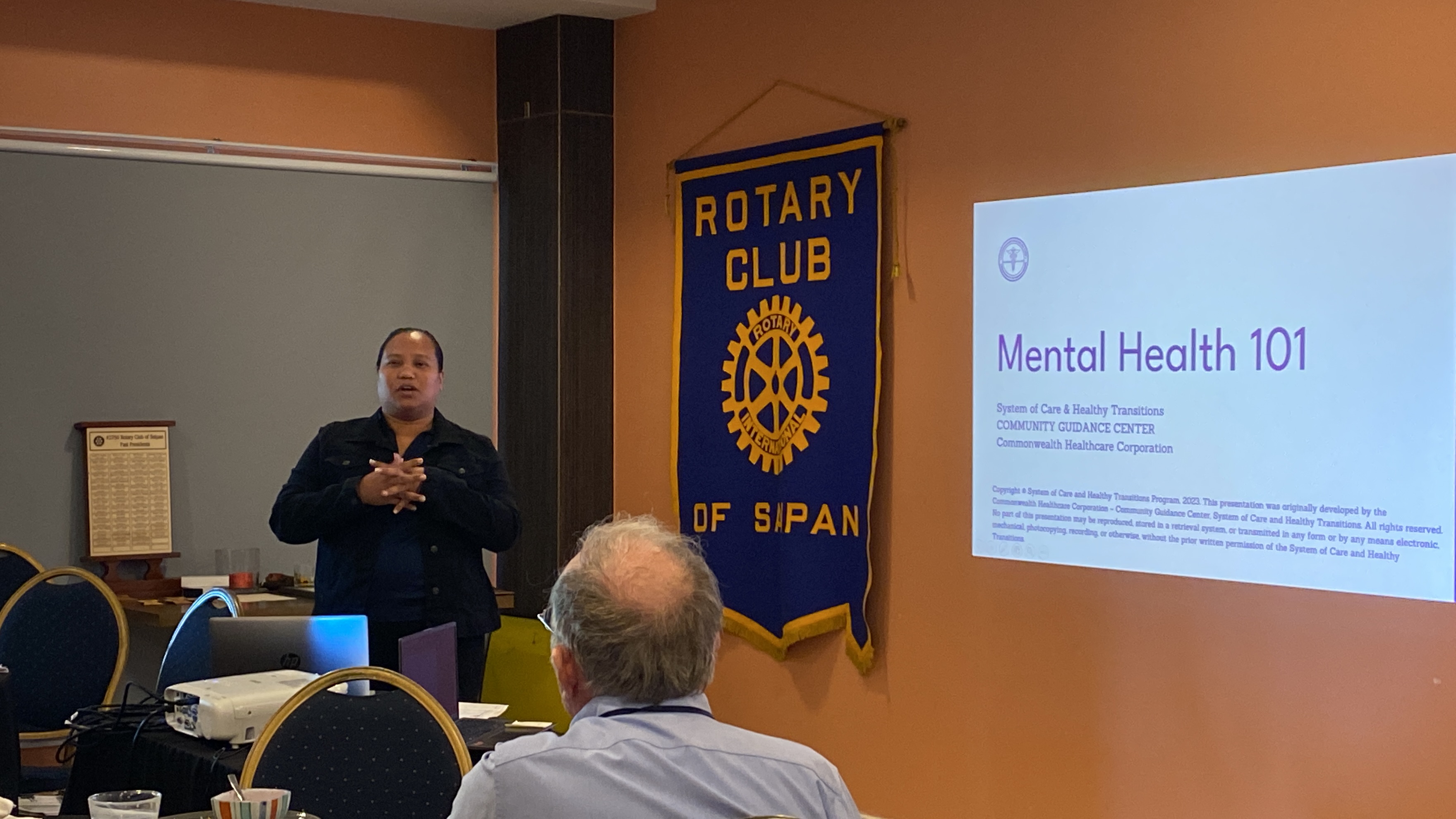 Bridget Lizama, Community Guidance Center outreach coordinator, talks about mental health during a meeting of the Saipan Rotary Club on Tuesday at the Crowne Plaza Resort Saipan.