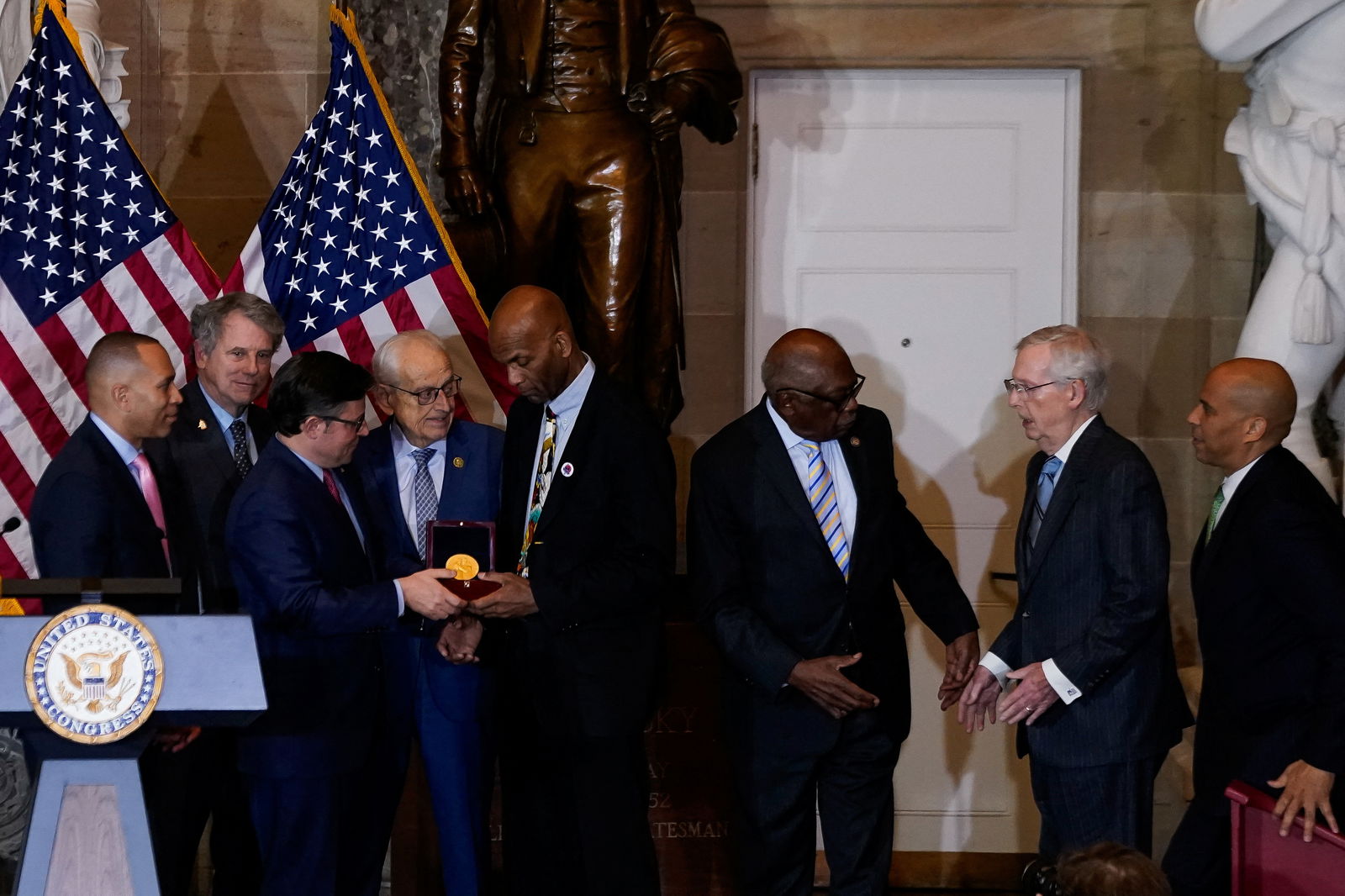 Larry Doby, Jr., accepts the Congressional Gold Medal posthumously honoring his father, Major League Baseball player, civil rights activist and World War II veteran, Lawrence Eugene “Larry” Doby, during a ceremony in Statuary Hall at the U.S. Capitol in Washington, U.S., December 13, 2023. 
