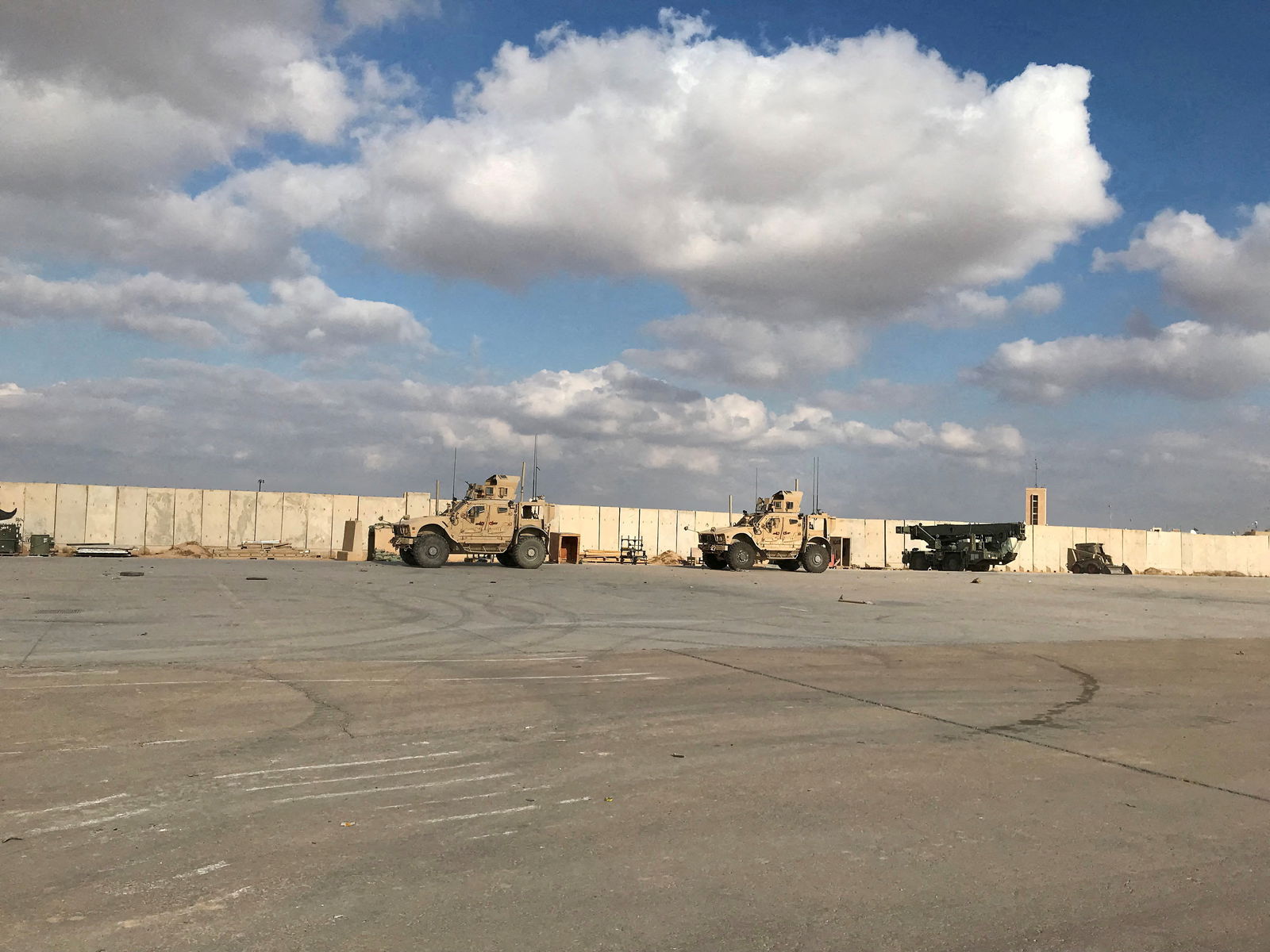 Military vehicles of U.S. soldiers are seen at the al-Asad air base in Anbar province, Iraq, January 13, 2020. 